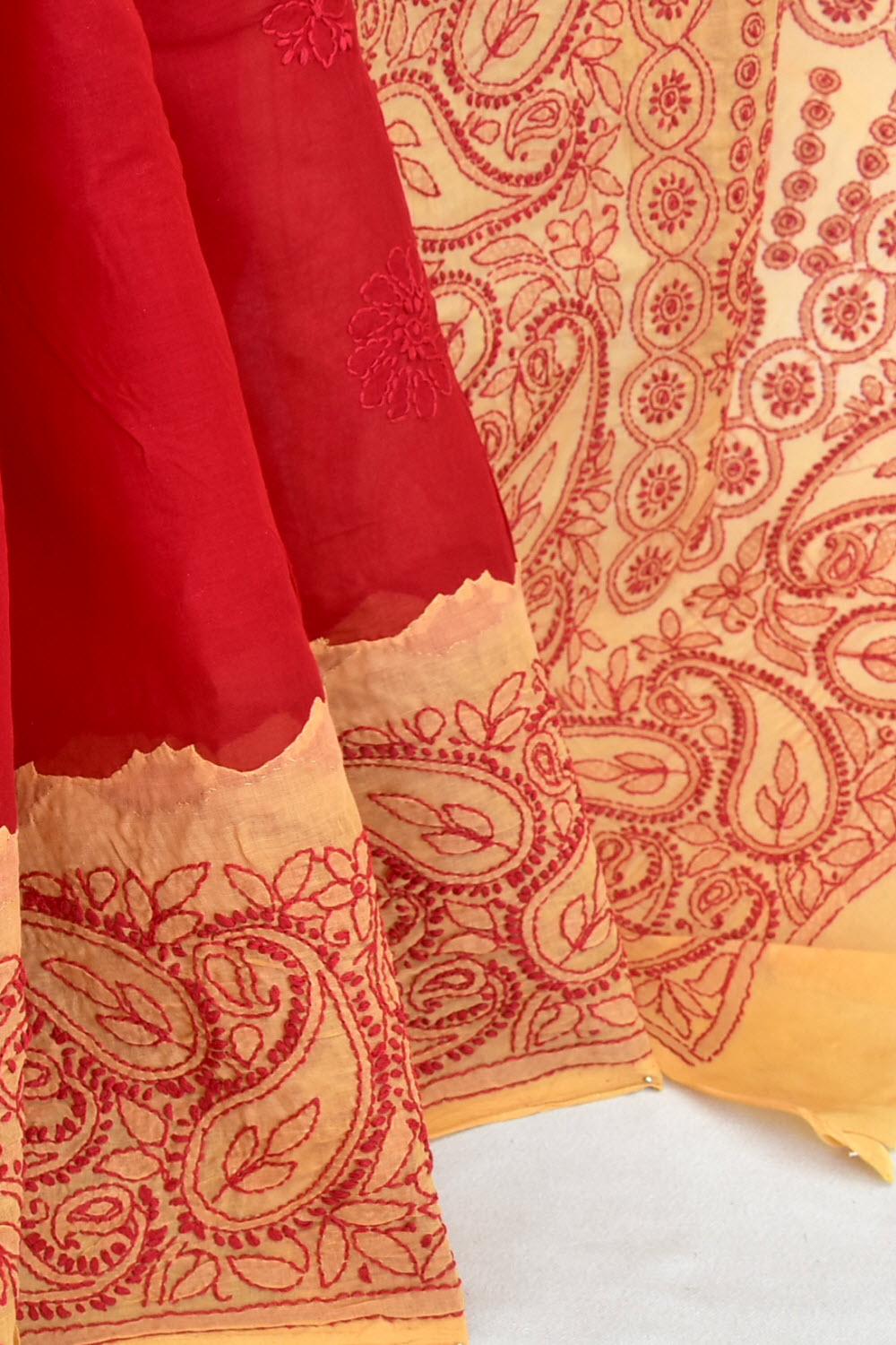 Red Fawn Hand-Embroidered Lucknowi Chikankari Cotton Saree with Blouse Daraz work 15064