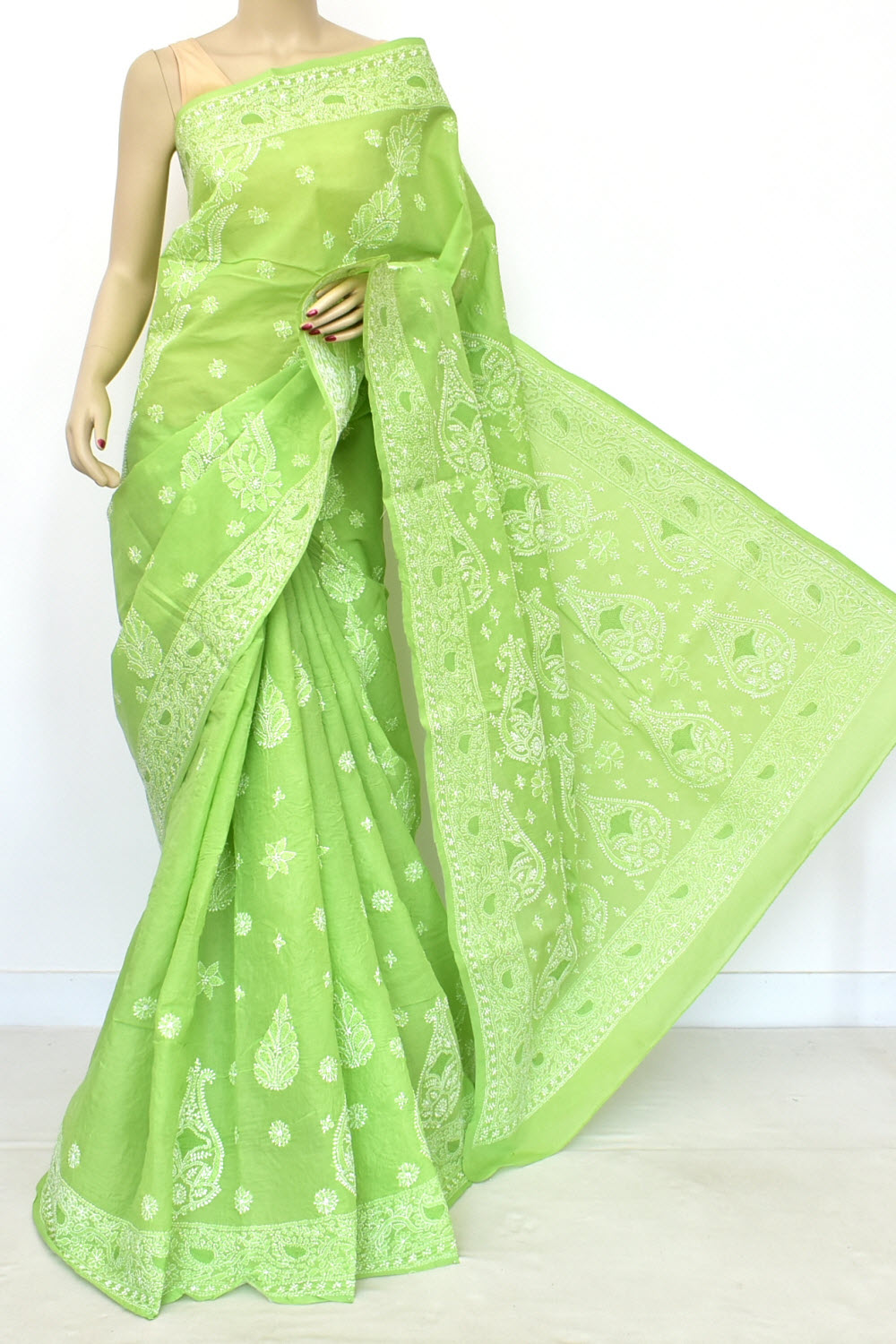 Pista Green Hand-Embroidered Lucknowi Chikankari Cotton Saree with Blouse Rich Pallu 15067