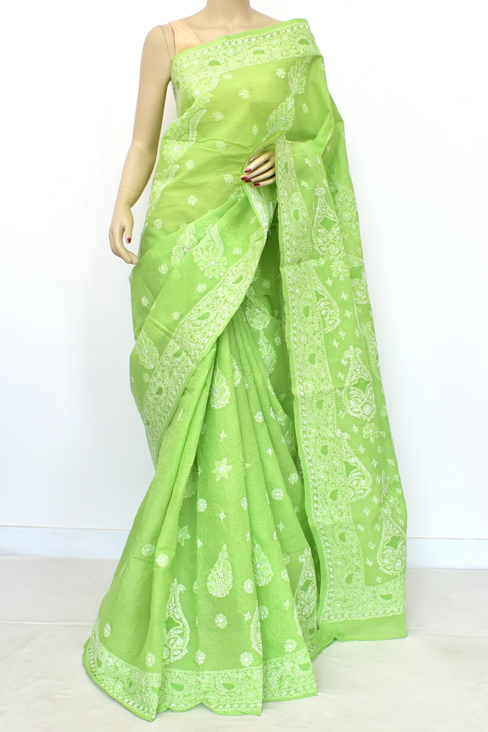 Pista Green Hand-Embroidered Lucknowi Chikankari Cotton Saree with Blouse Rich Pallu 15067