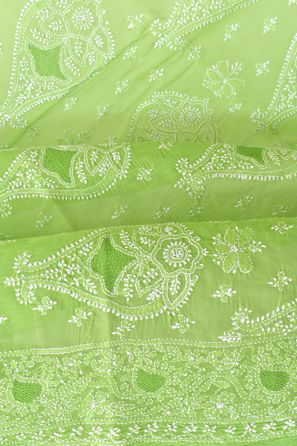 Pista Green Hand-Embroidered Lucknowi Chikankari Cotton Saree with Blouse Rich Pallu 15067