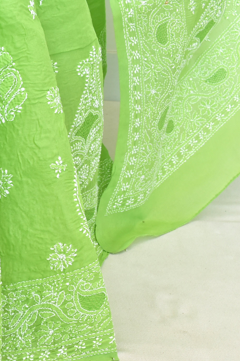 Pista Green Hand-Embroidered Lucknowi Chikankari Cotton Saree with Blouse Rich Pallu 15067