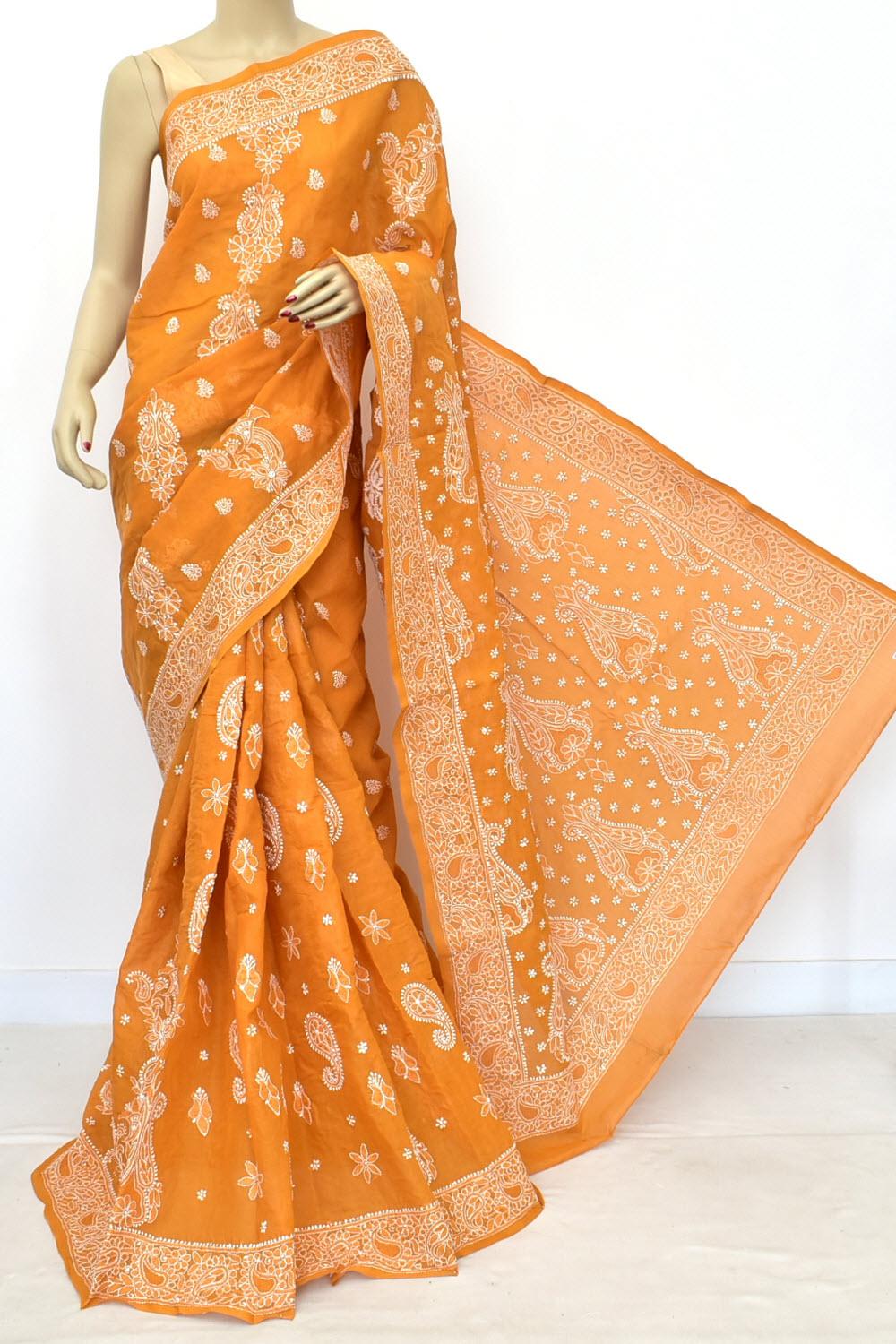 Mustard Hand-Embroidered Lucknowi Chikankari Cotton Saree with Blouse Rich Pallu 15068