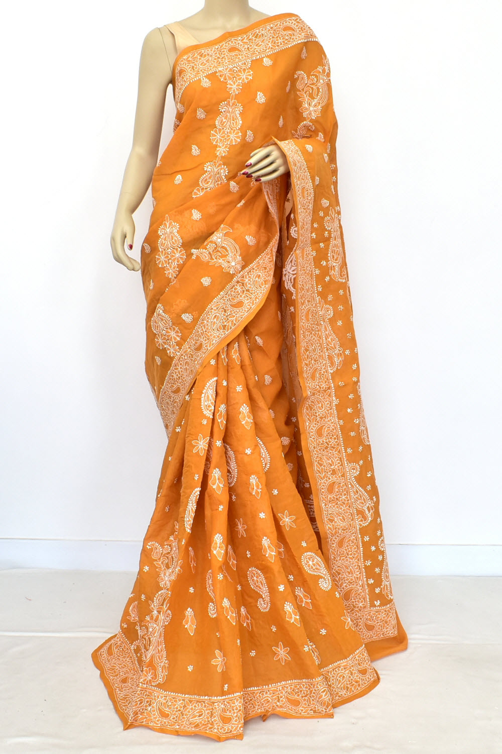 Mustard Hand-Embroidered Lucknowi Chikankari Cotton Saree with Blouse Rich Pallu 15068