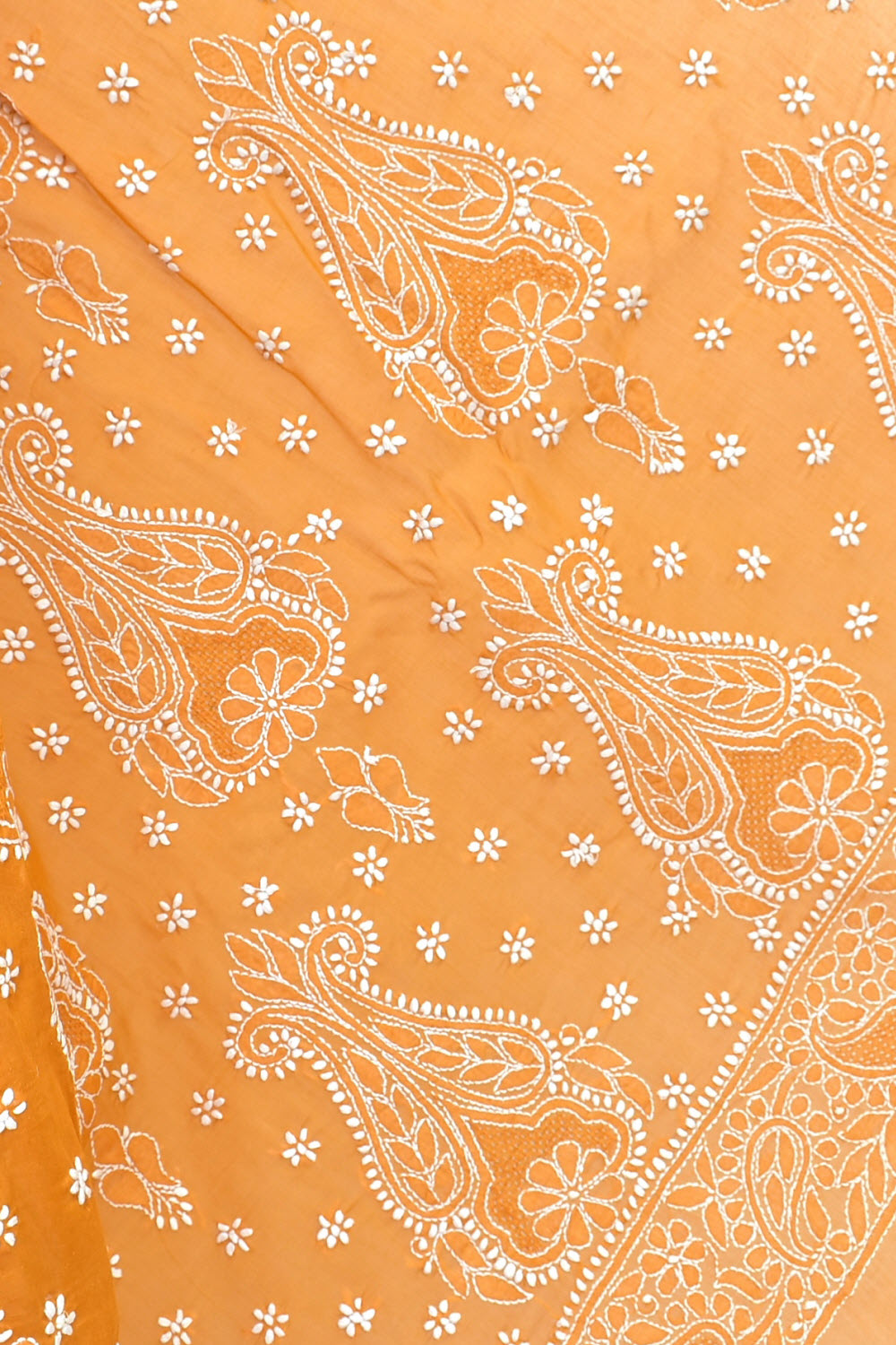 Mustard Hand-Embroidered Lucknowi Chikankari Cotton Saree with Blouse Rich Pallu 15068