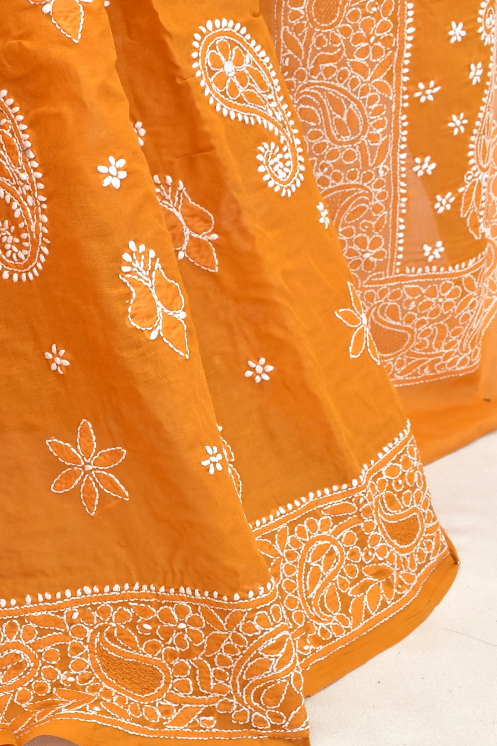 Mustard Hand-Embroidered Lucknowi Chikankari Cotton Saree with Blouse Rich Pallu 15068