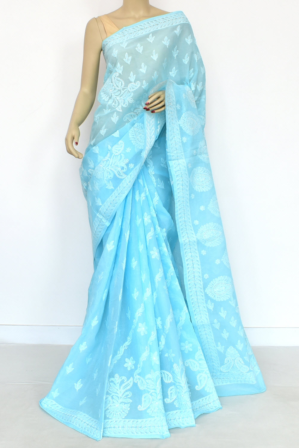 Sky Blue Hand-Embroidered Lucknowi Chikankari Cotton Saree with Blouse Rich Pallu 15071