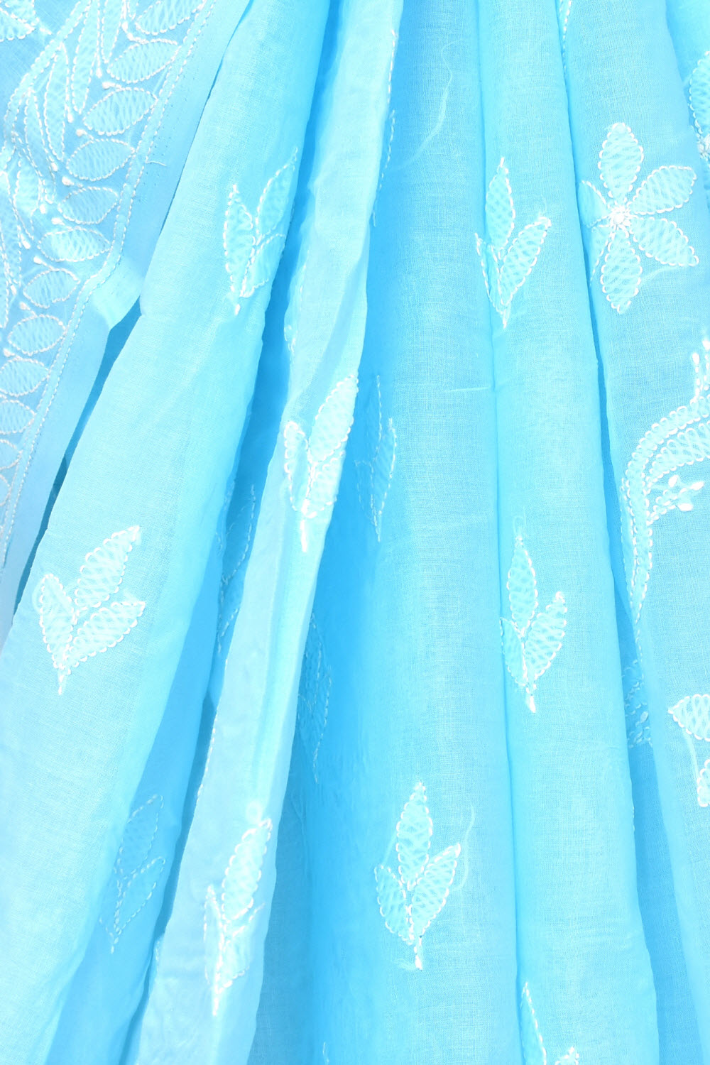 Sky Blue Hand-Embroidered Lucknowi Chikankari Cotton Saree with Blouse Rich Pallu 15071