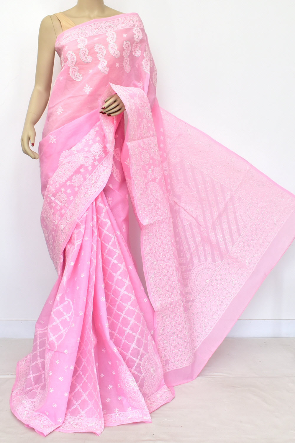 Baby Pink Hand-Embroidered Lucknowi Chikankari Cotton Saree with Blouse Rich Pallu 15078