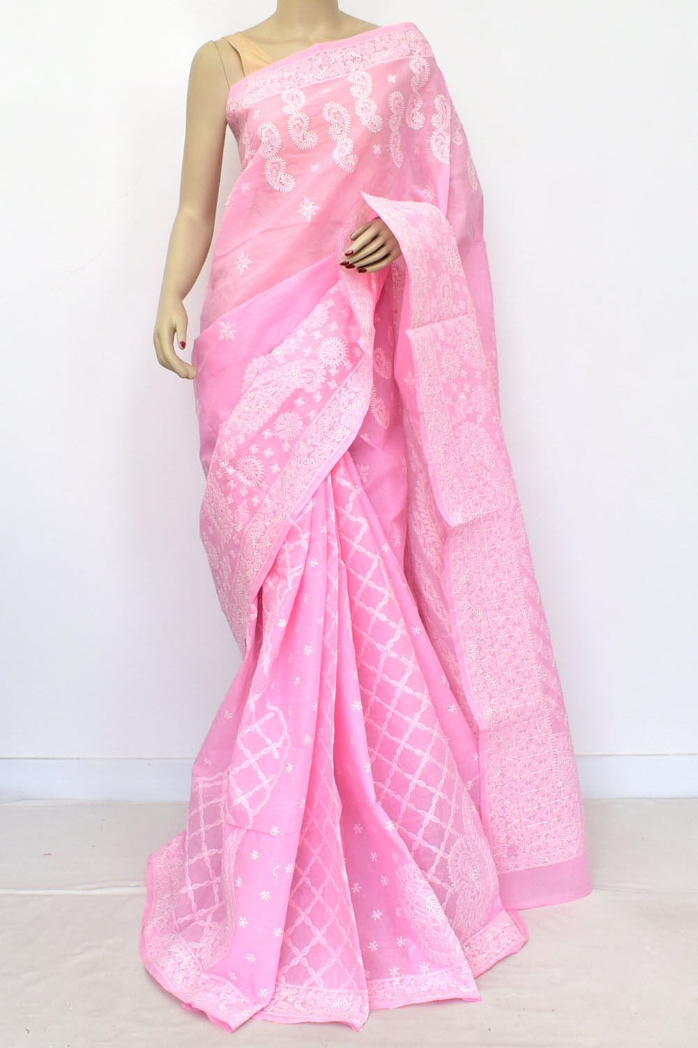Baby Pink Hand-Embroidered Lucknowi Chikankari Cotton Saree with Blouse Rich Pallu 15078