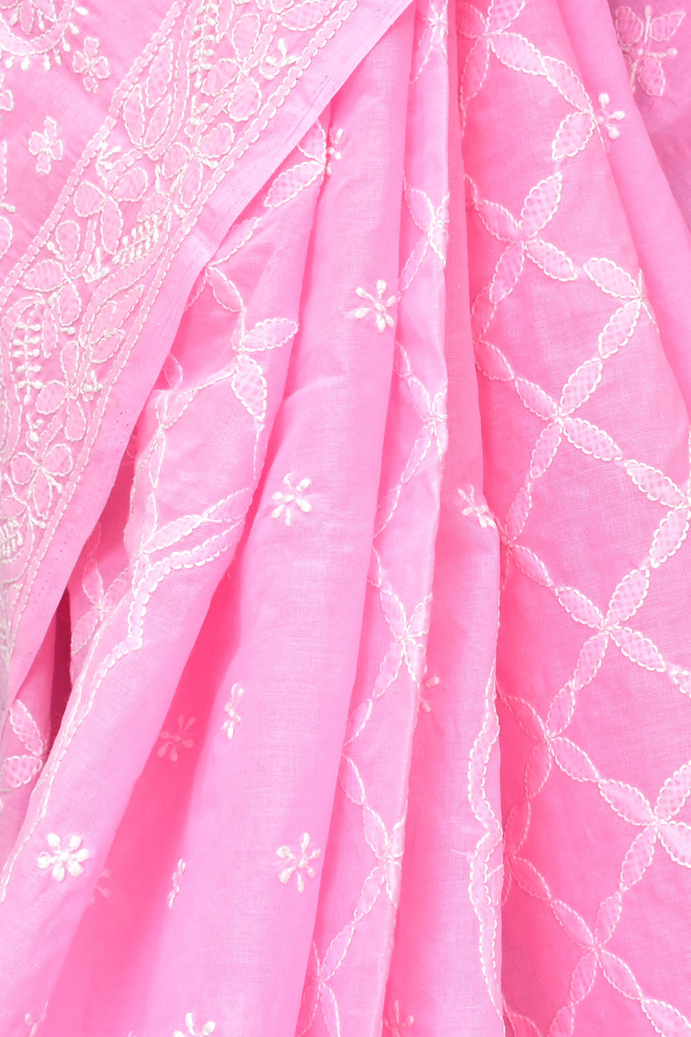 Baby Pink Hand-Embroidered Lucknowi Chikankari Cotton Saree with Blouse Rich Pallu 15078