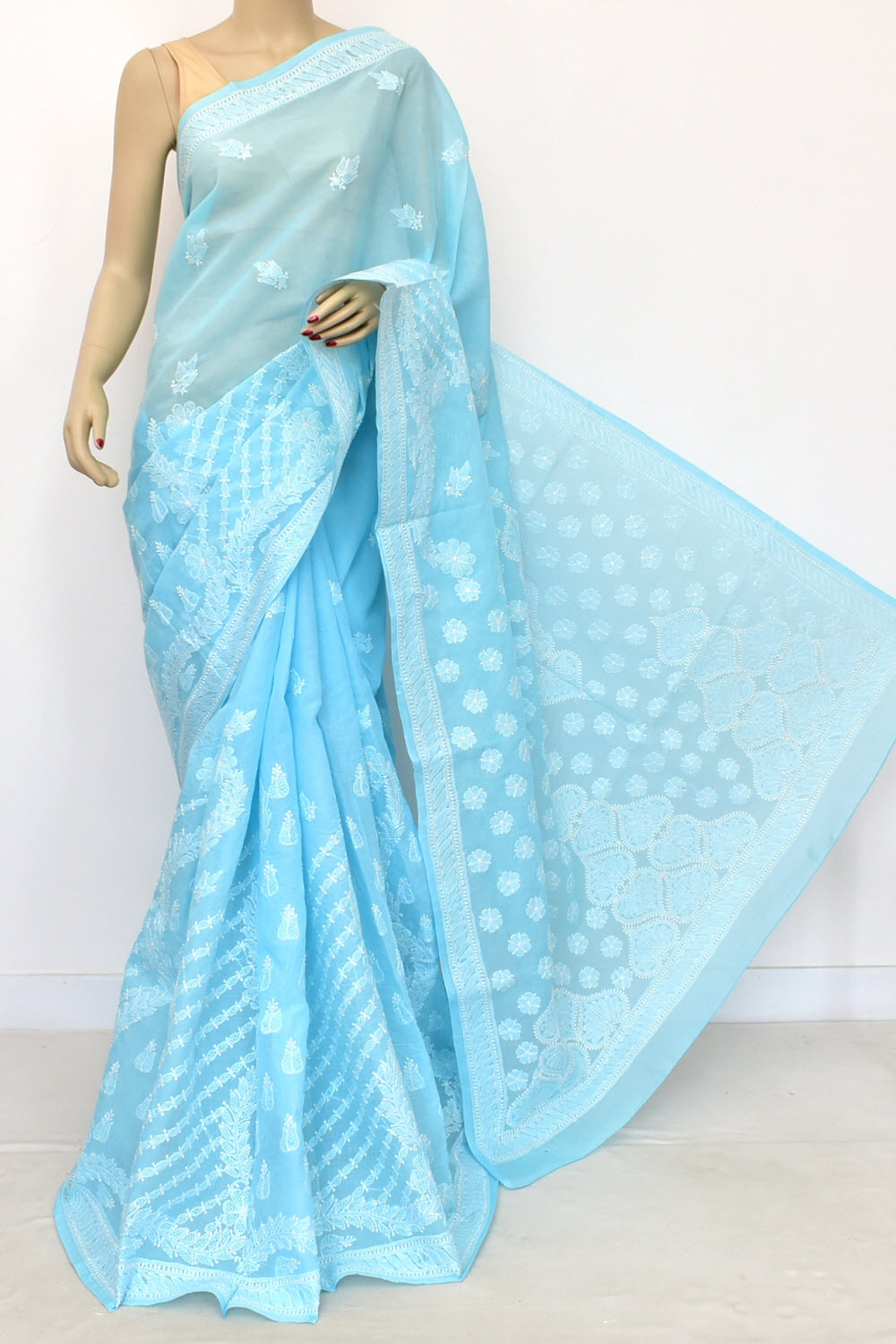 Sky Blue Hand-Embroidered Lucknowi Chikankari Cotton Saree with Blouse Skirt Border Rich Pallu 15079
