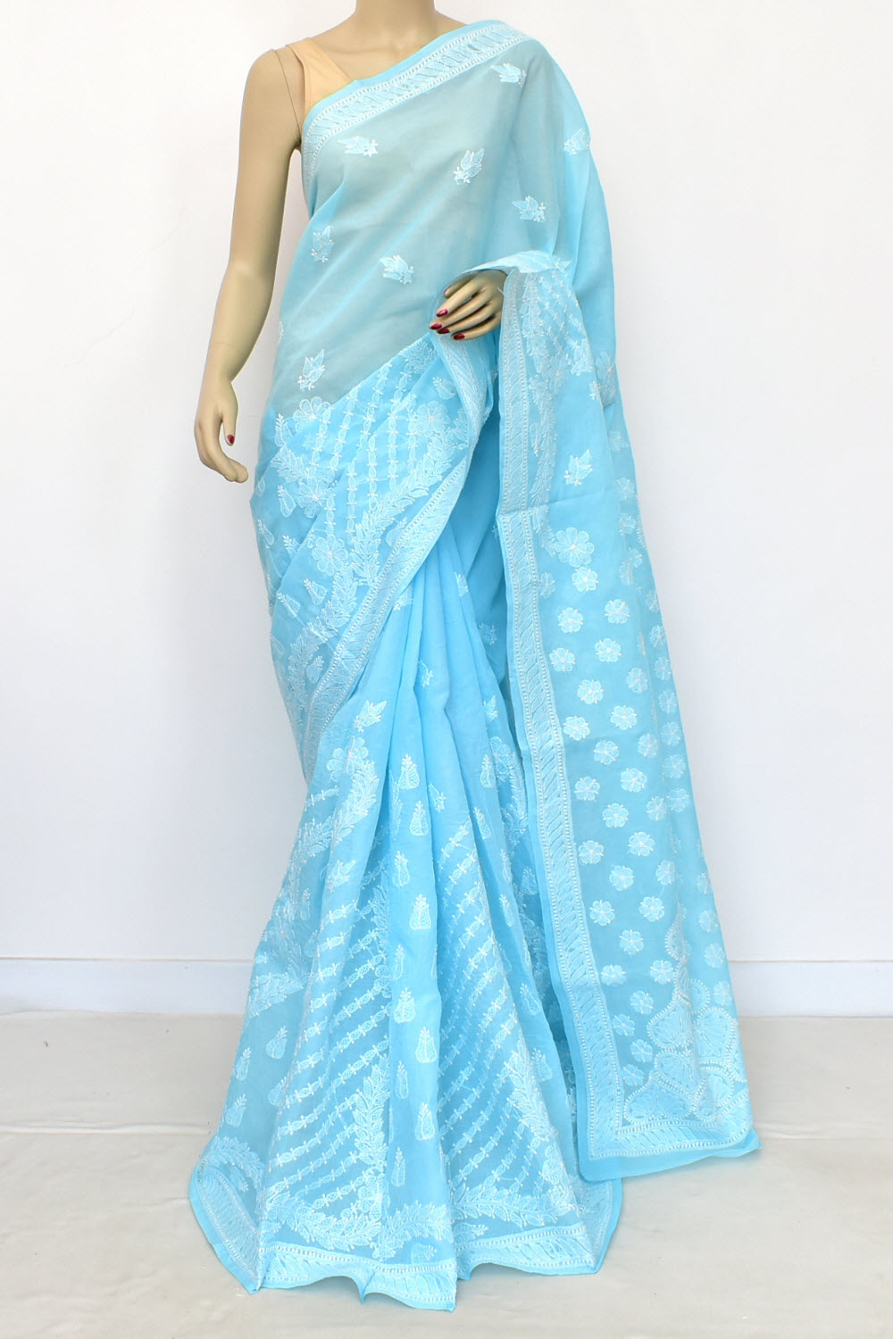 Sky Blue Hand-Embroidered Lucknowi Chikankari Cotton Saree with Blouse Skirt Border Rich Pallu 15079