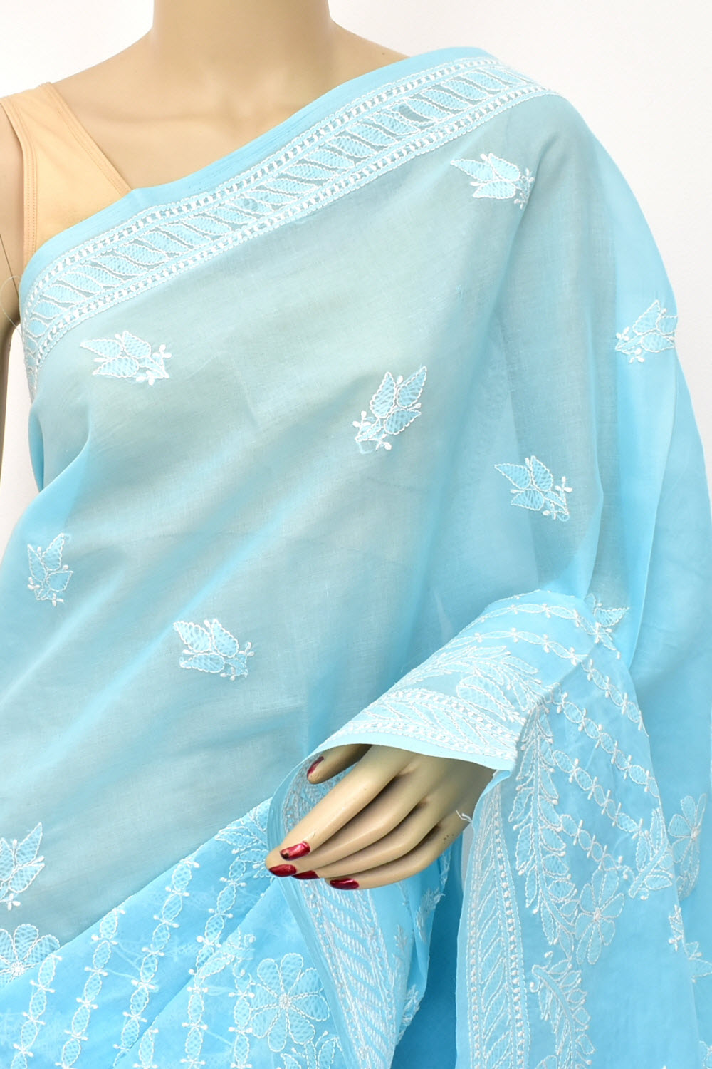 Sky Blue Hand-Embroidered Lucknowi Chikankari Cotton Saree with Blouse Skirt Border  Rich Pallu 15079