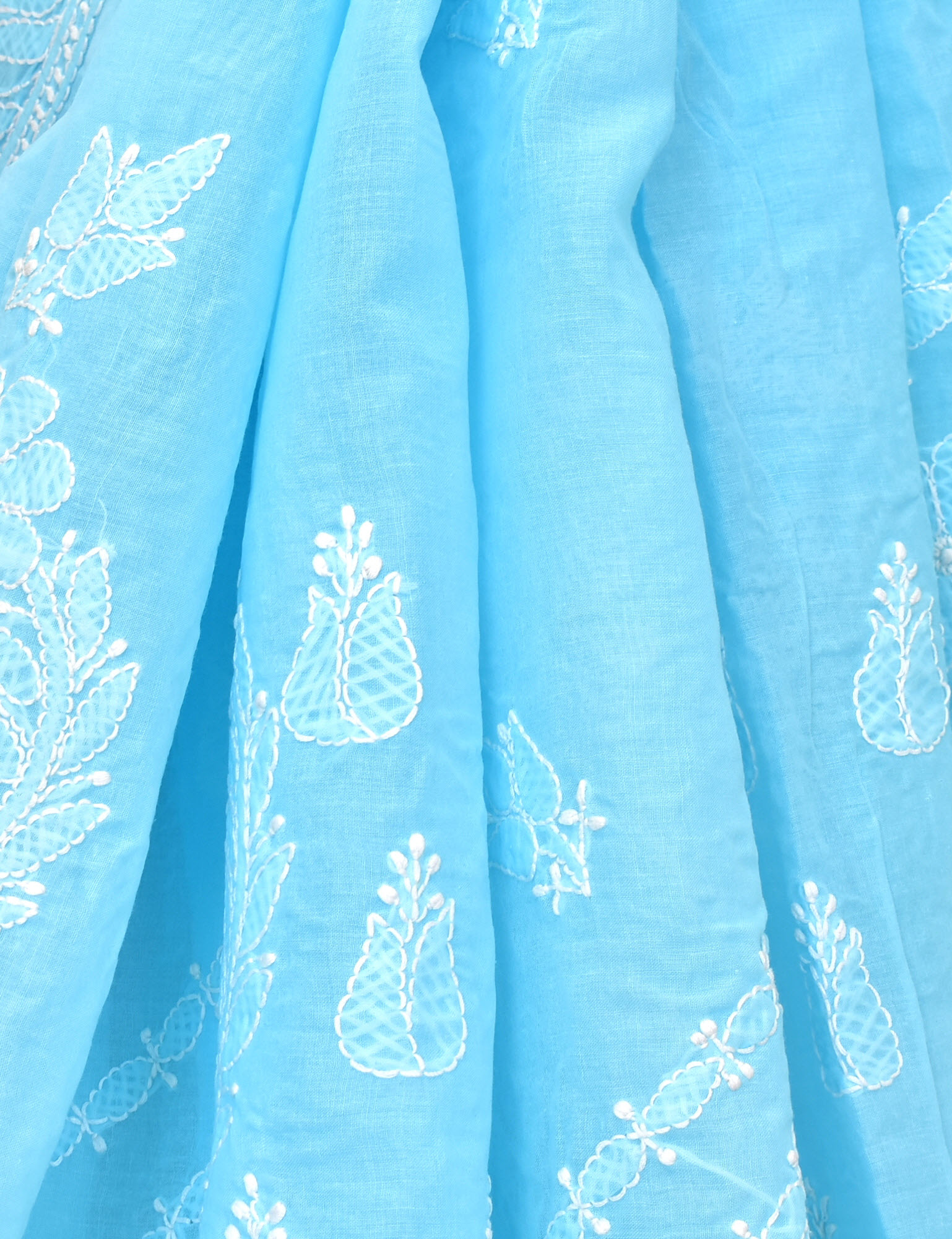 Sky Blue Hand-Embroidered Lucknowi Chikankari Cotton Saree with Blouse Skirt Border  Rich Pallu 15079