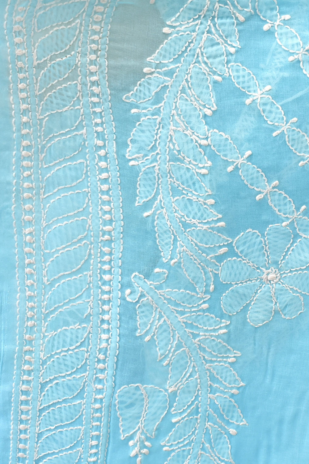 Sky Blue Hand-Embroidered Lucknowi Chikankari Cotton Saree with Blouse Skirt Border Rich Pallu 15079
