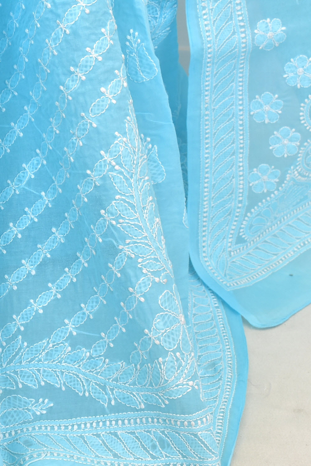 Sky Blue Hand-Embroidered Lucknowi Chikankari Cotton Saree with Blouse Skirt Border  Rich Pallu 15079