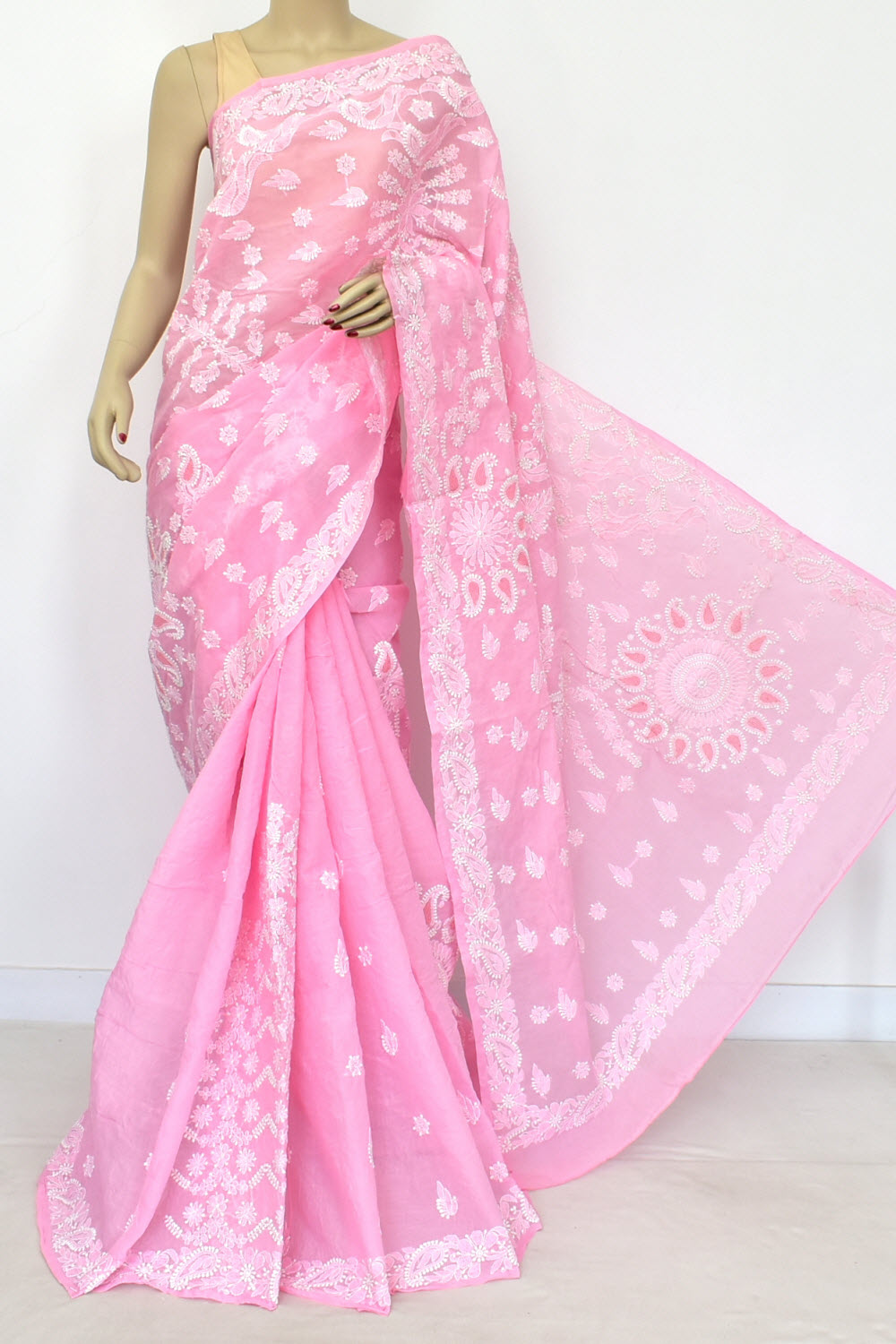 Pink Hand-Embroidered Lucknowi Chikankari Cotton Saree with Blouse Rich Pallu 15080
