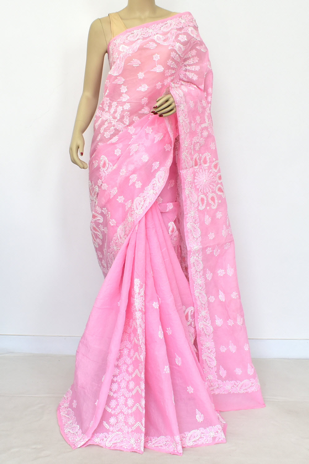 Pink Hand-Embroidered Lucknowi Chikankari Cotton Saree with Blouse Rich Pallu 15080