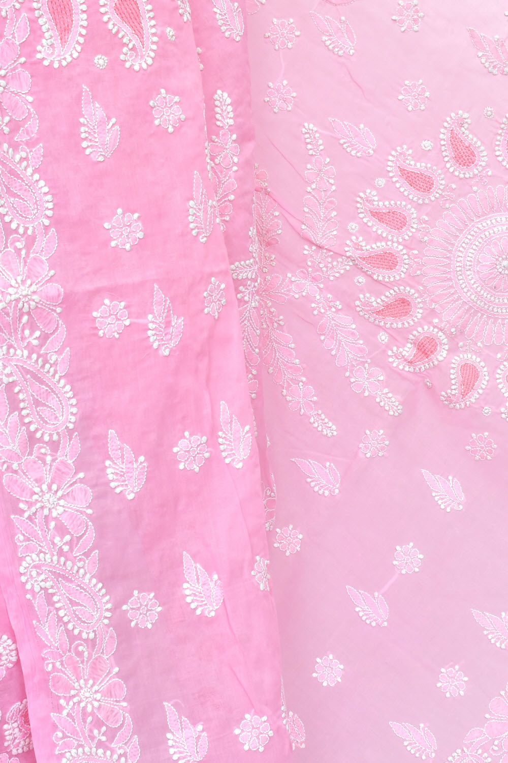 Pink Hand-Embroidered Lucknowi Chikankari Cotton Saree with Blouse Rich Pallu 15080