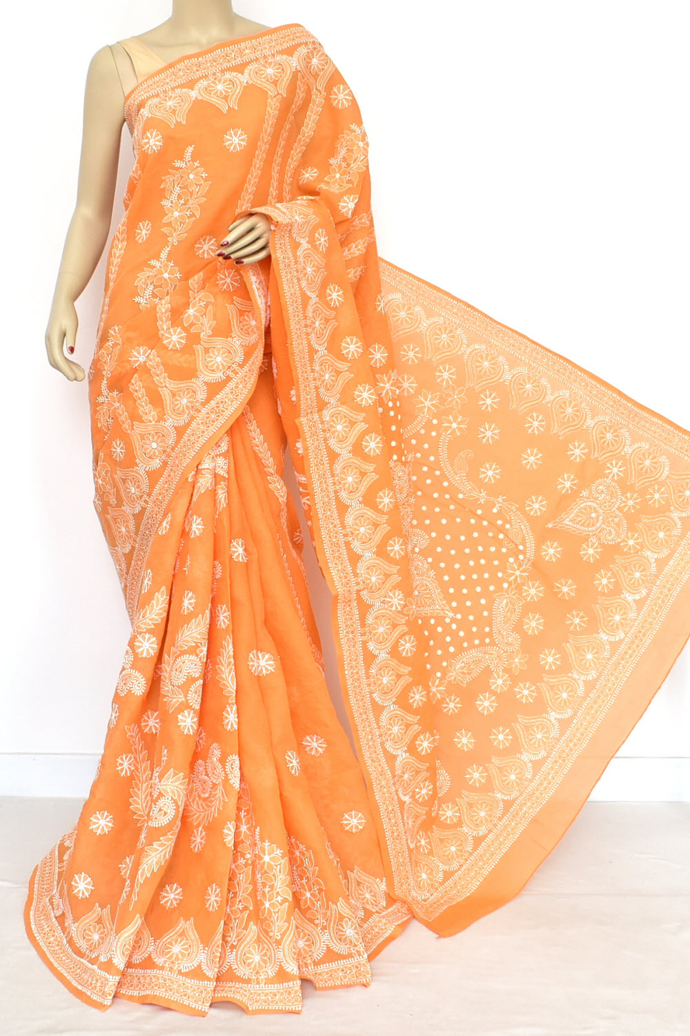 Light Orange Hand-Embroidered Lucknowi Chikankari Cotton Saree with Blouse Rich Pallu 15081