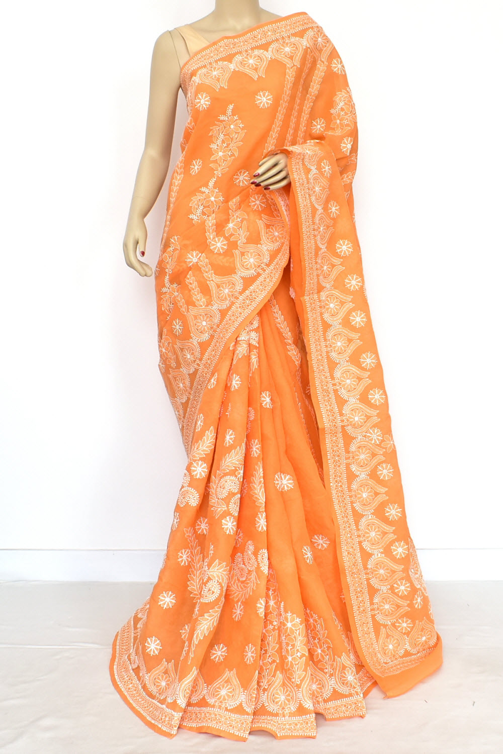 Light Orange Hand-Embroidered Lucknowi Chikankari Cotton Saree with Blouse Rich Pallu 15081