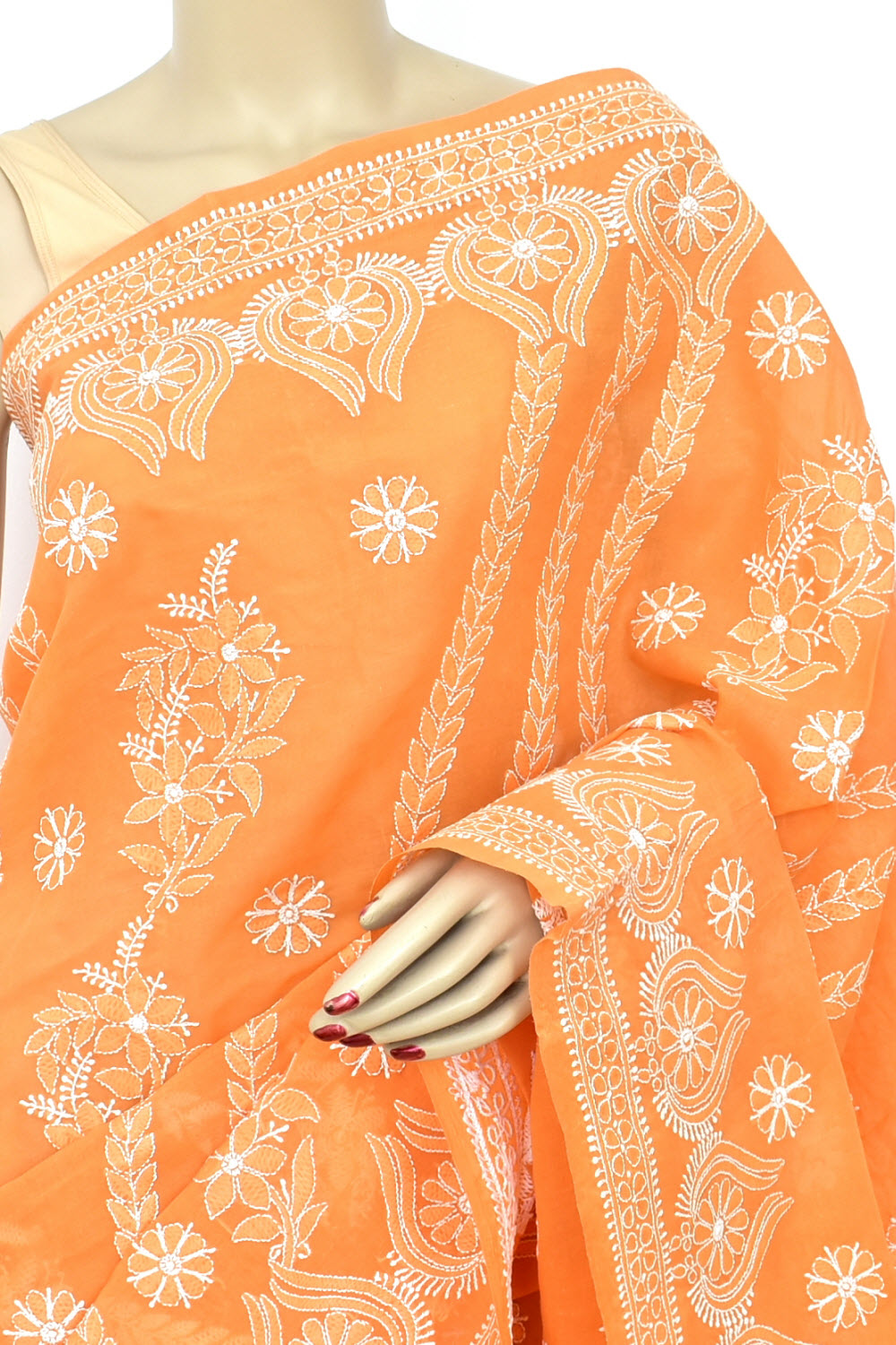 Light Orange Hand-Embroidered Lucknowi Chikankari Cotton Saree with Blouse Rich Pallu 15081