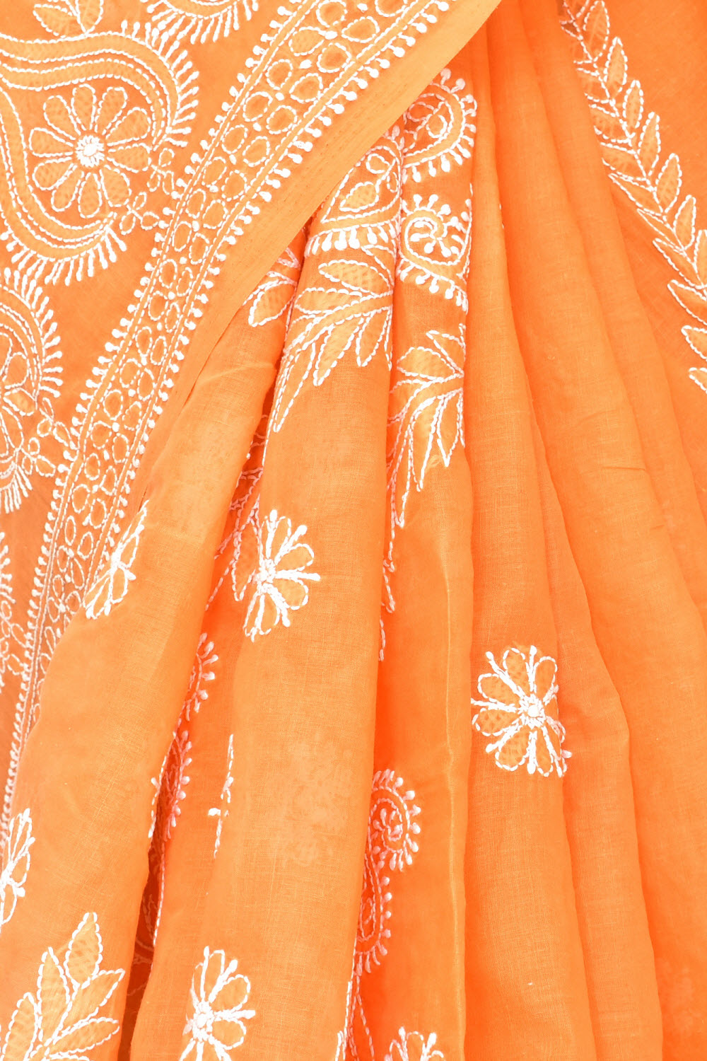 Light Orange Hand-Embroidered Lucknowi Chikankari Cotton Saree with Blouse Rich Pallu 15081