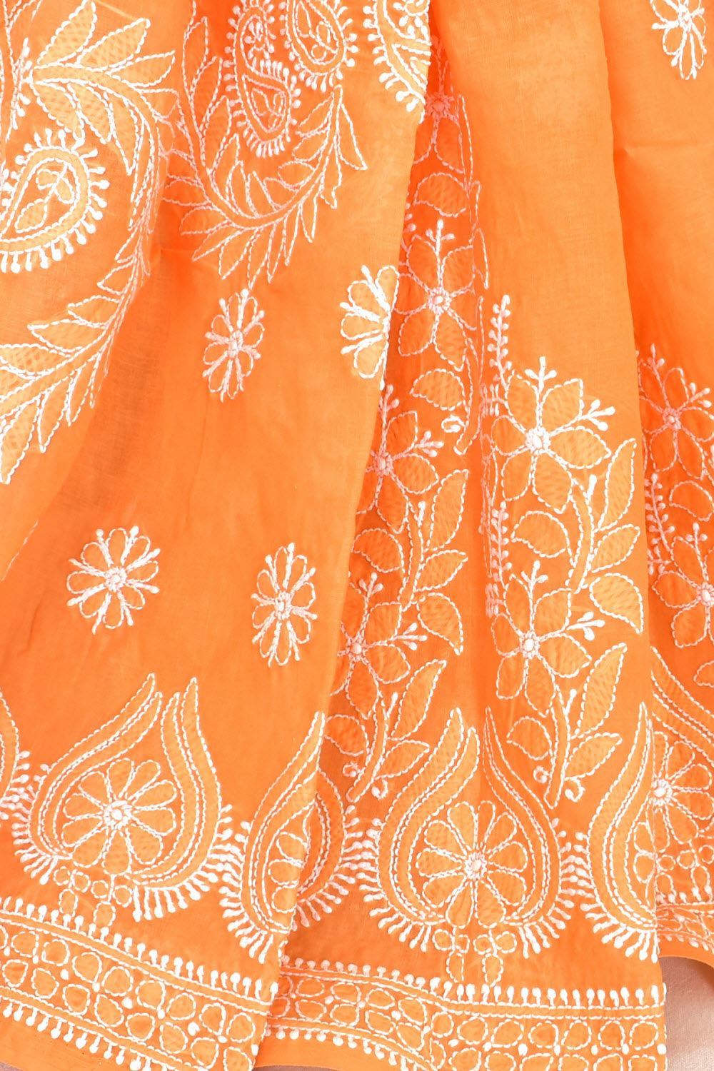 Light Orange Hand-Embroidered Lucknowi Chikankari Cotton Saree with Blouse Rich Pallu 15081