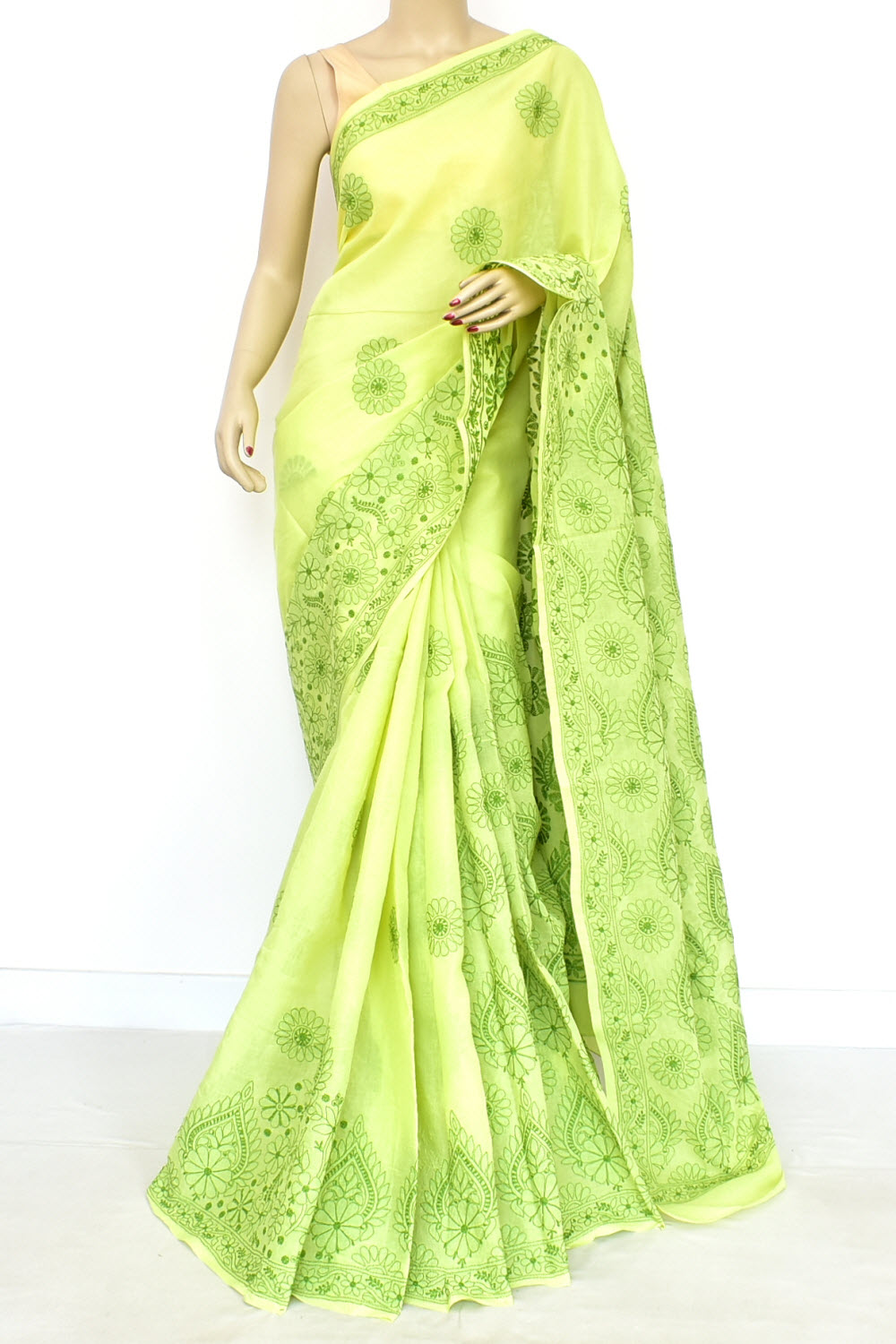 Light Mehandi Green Hand-Embroidered Lucknowi Chikankari Cotton Saree with Blouse Rich Pallu 15082