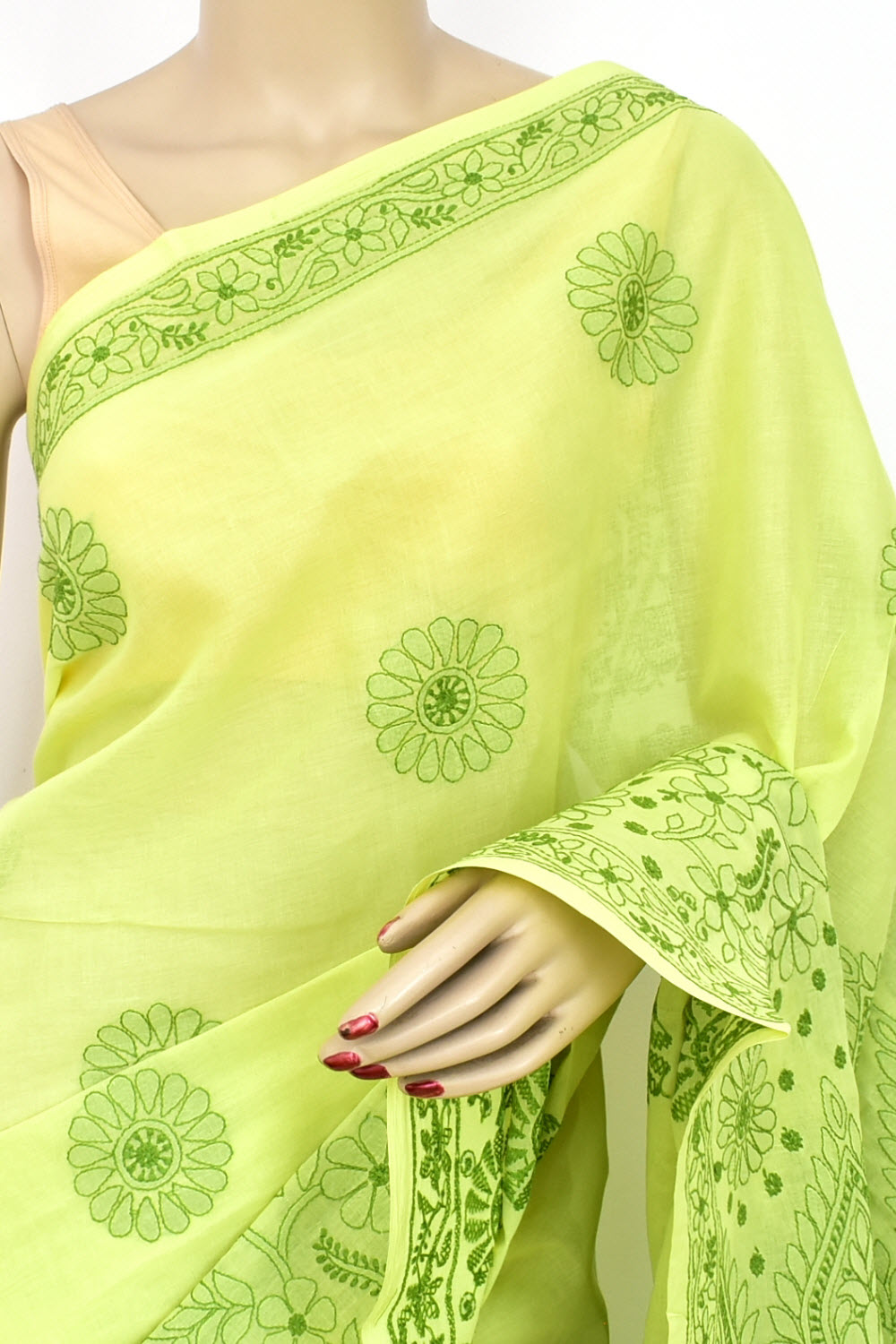 Light Mehandi Green Hand-Embroidered Lucknowi Chikankari Cotton Saree with Blouse Rich Pallu 15082