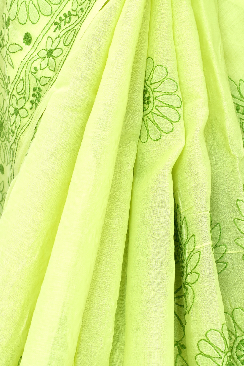 Light Mehandi Green Hand-Embroidered Lucknowi Chikankari Cotton Saree with Blouse Rich Pallu 15082