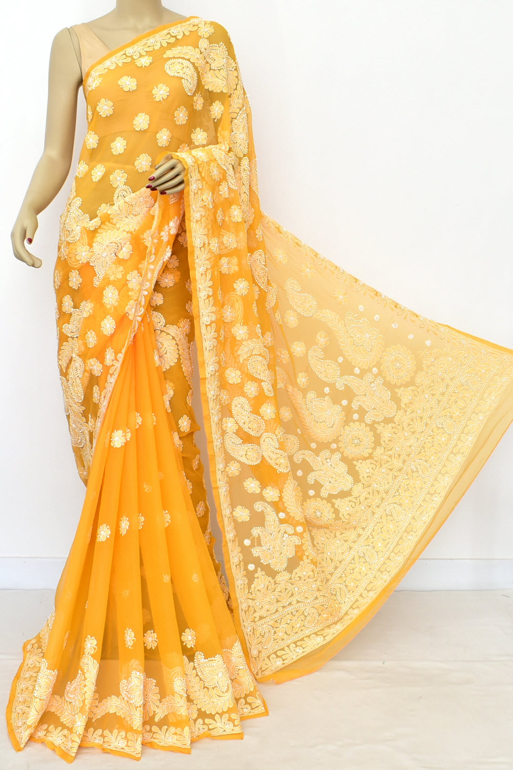Dark Yellow Hand-Embroidered Lucknowi Chikankari Georgette Saree with Blouse 15101