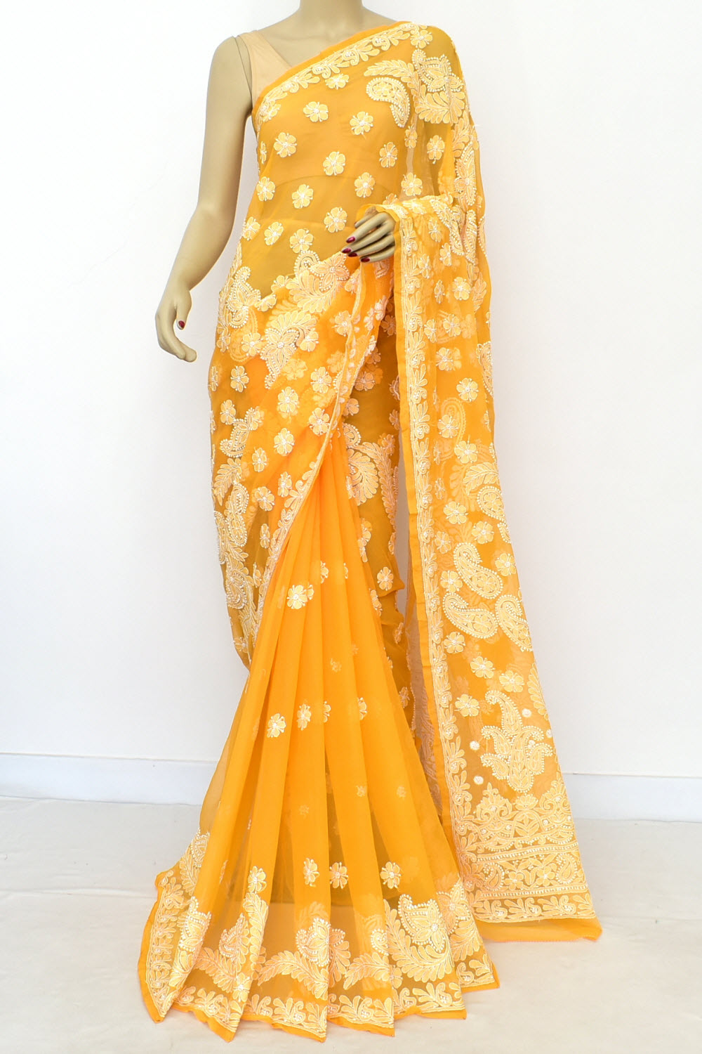 Dark Yellow Hand-Embroidered Lucknowi Chikankari Georgette Saree with Blouse 15101