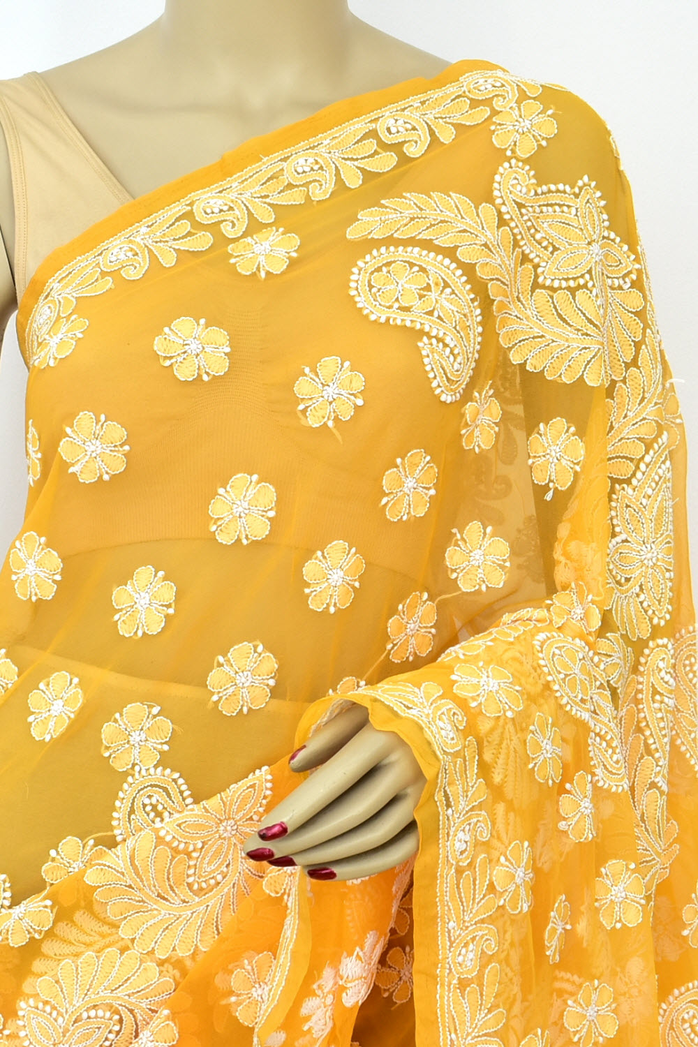Dark Yellow Hand-Embroidered Lucknowi Chikankari Georgette Saree with Blouse 15101