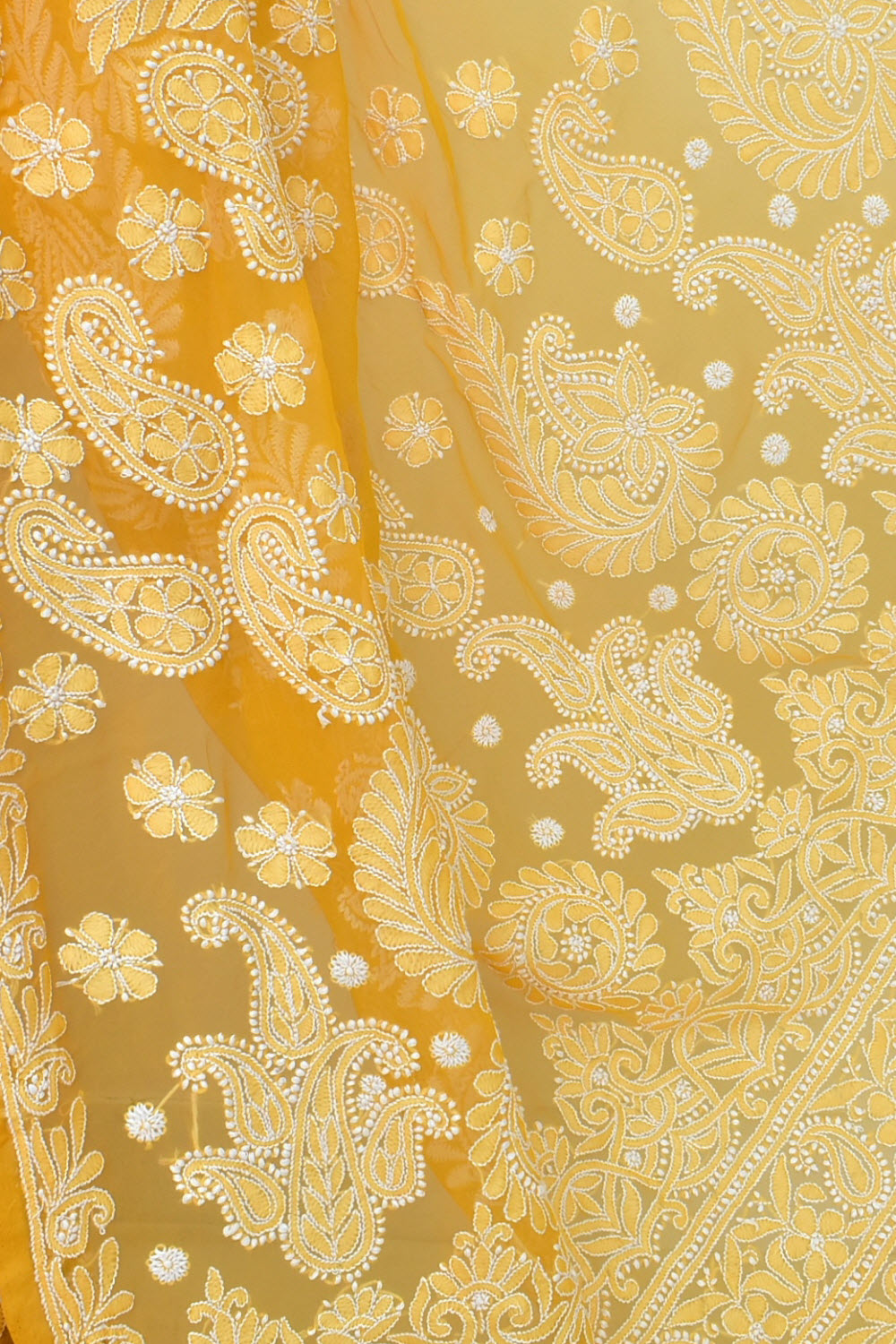 Dark Yellow Hand-Embroidered Lucknowi Chikankari Georgette Saree with Blouse 15101