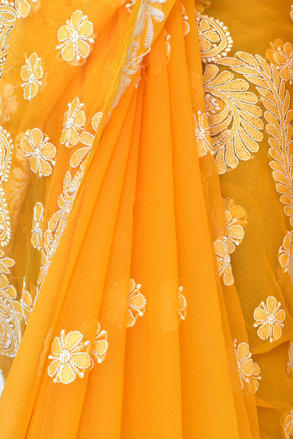 Dark Yellow Hand-Embroidered Lucknowi Chikankari Georgette Saree with Blouse 15101