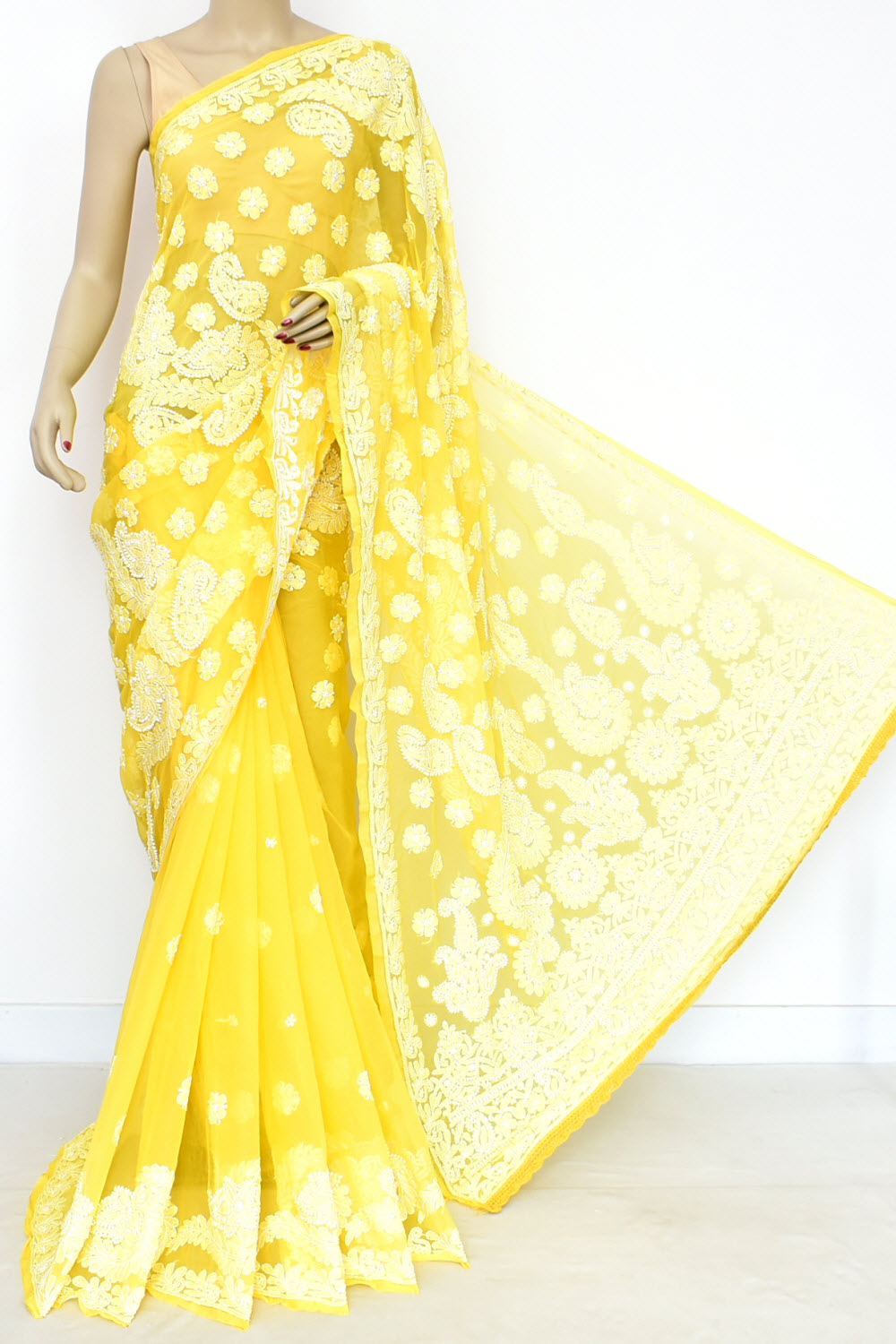 Mango Yellow Hand-Embroidered Lucknowi Chikankari Georgette Saree with Blouse 15103