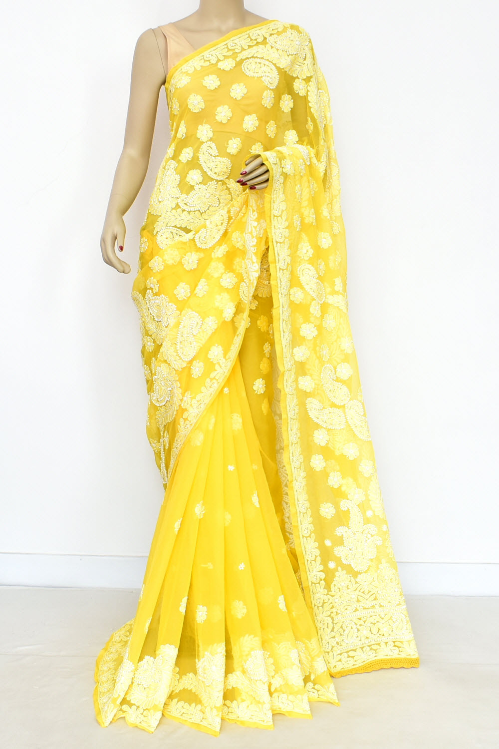 Mango Yellow Hand-Embroidered Lucknowi Chikankari Georgette Saree with Blouse 15103