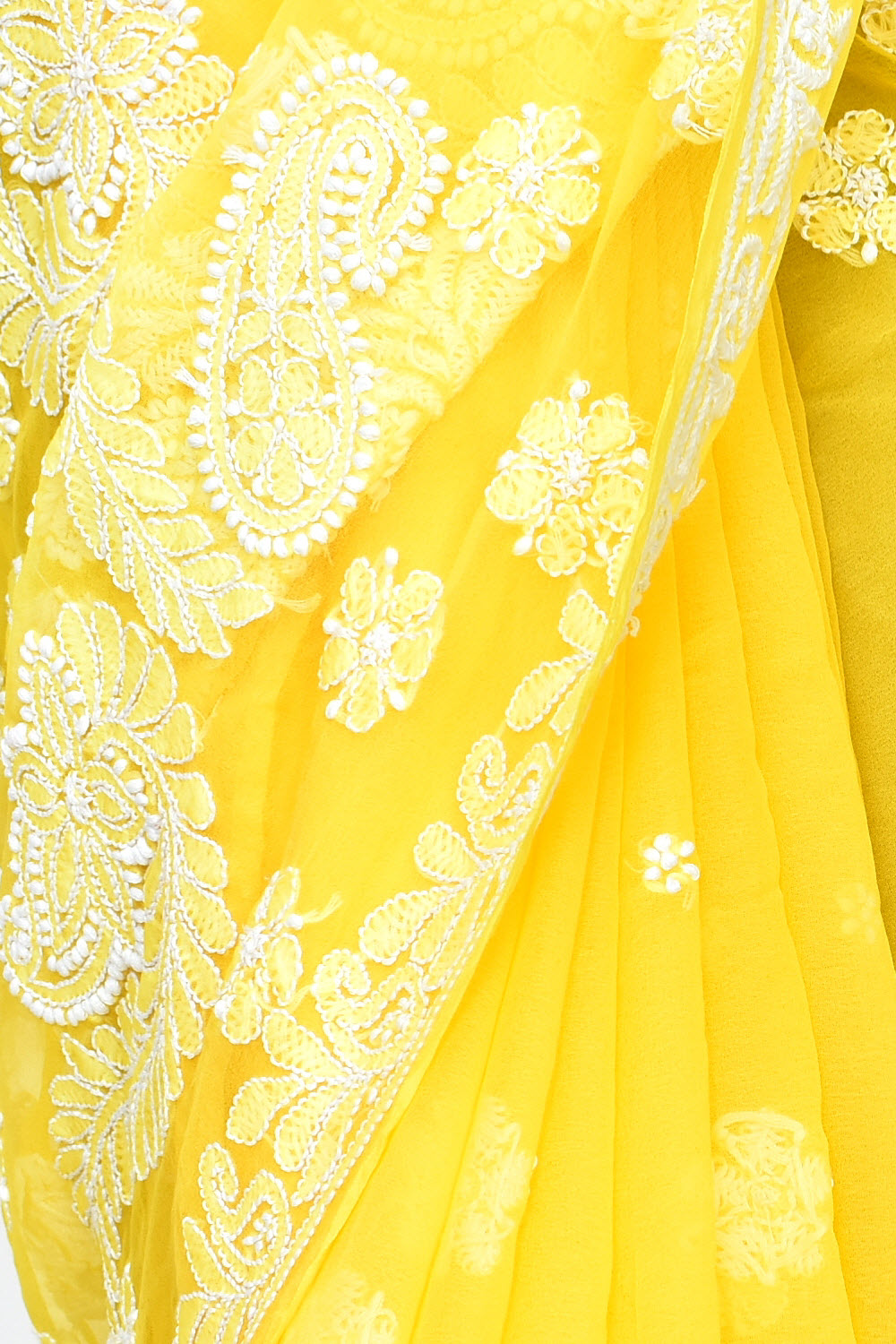 Mango Yellow Hand-Embroidered Lucknowi Chikankari Georgette Saree with Blouse 15103