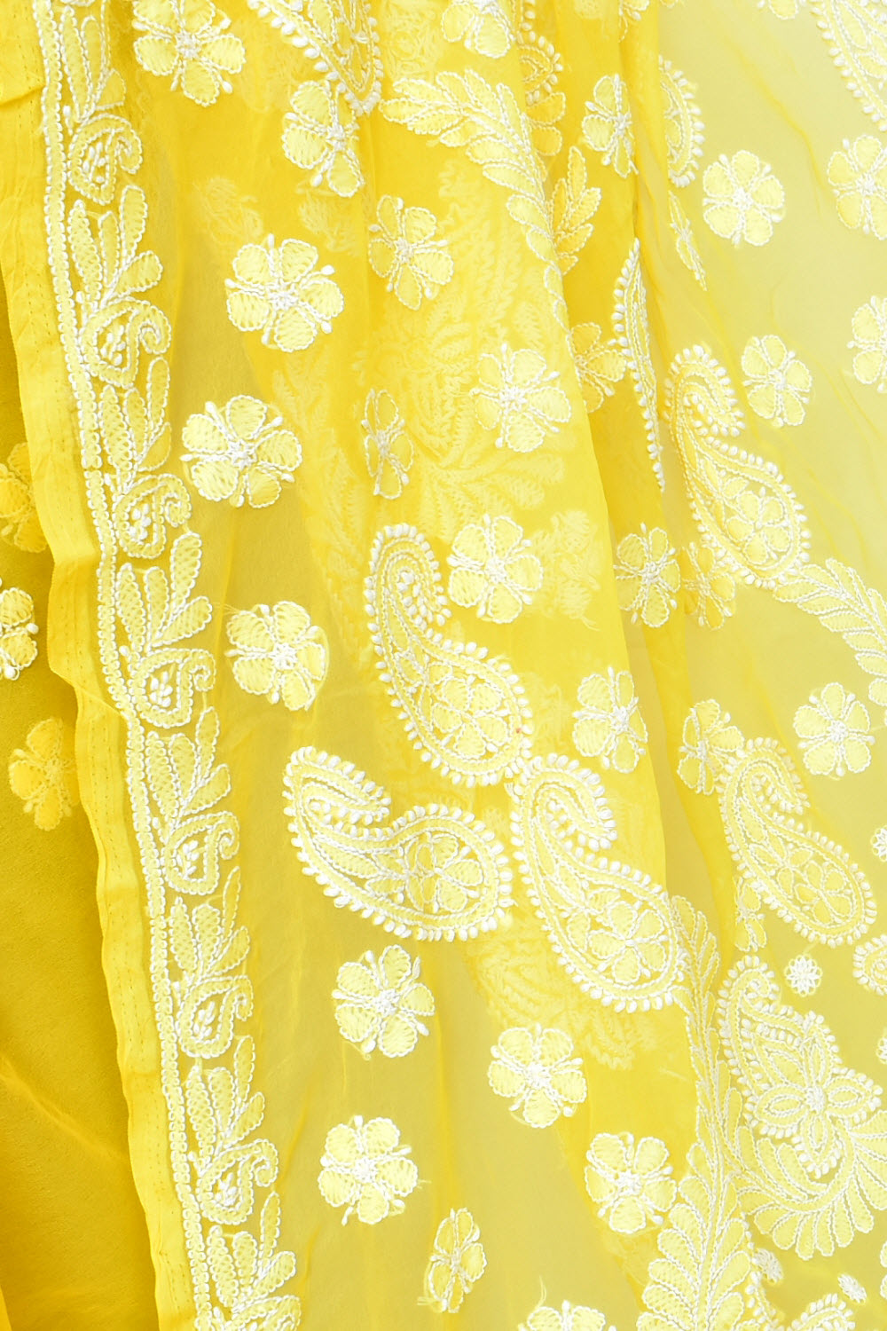 Mango Yellow Hand-Embroidered Lucknowi Chikankari Georgette Saree with Blouse 15103