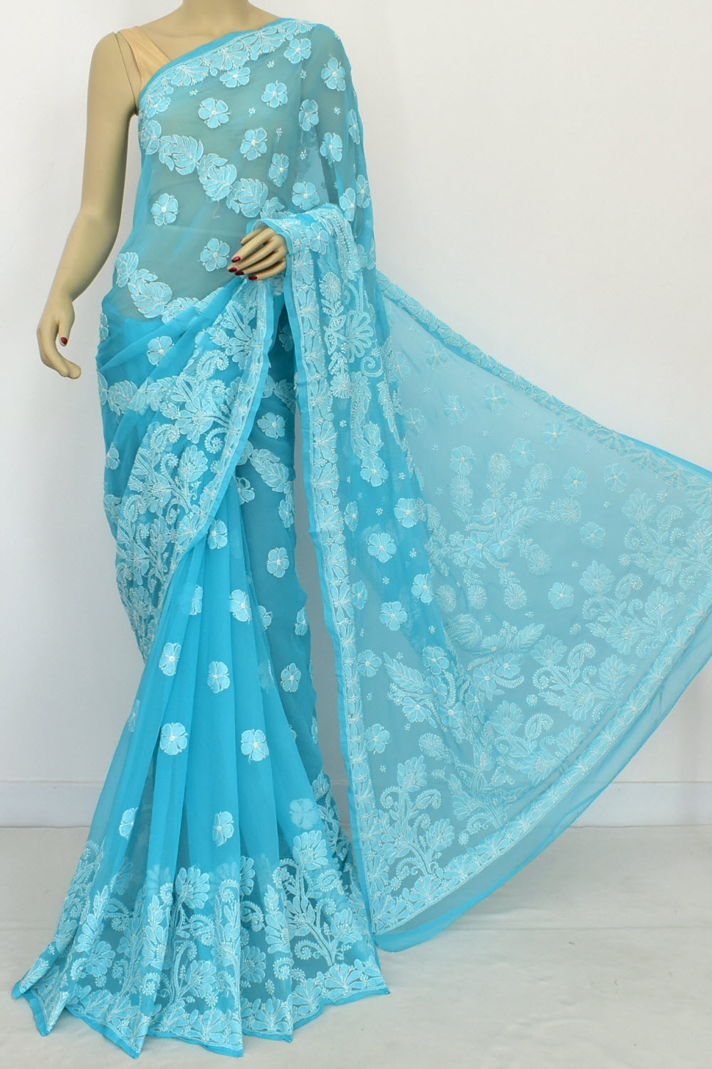 Pherozi Blue Hand-Embroidered Lucknowi Chikankari Georgette Saree with Blouse