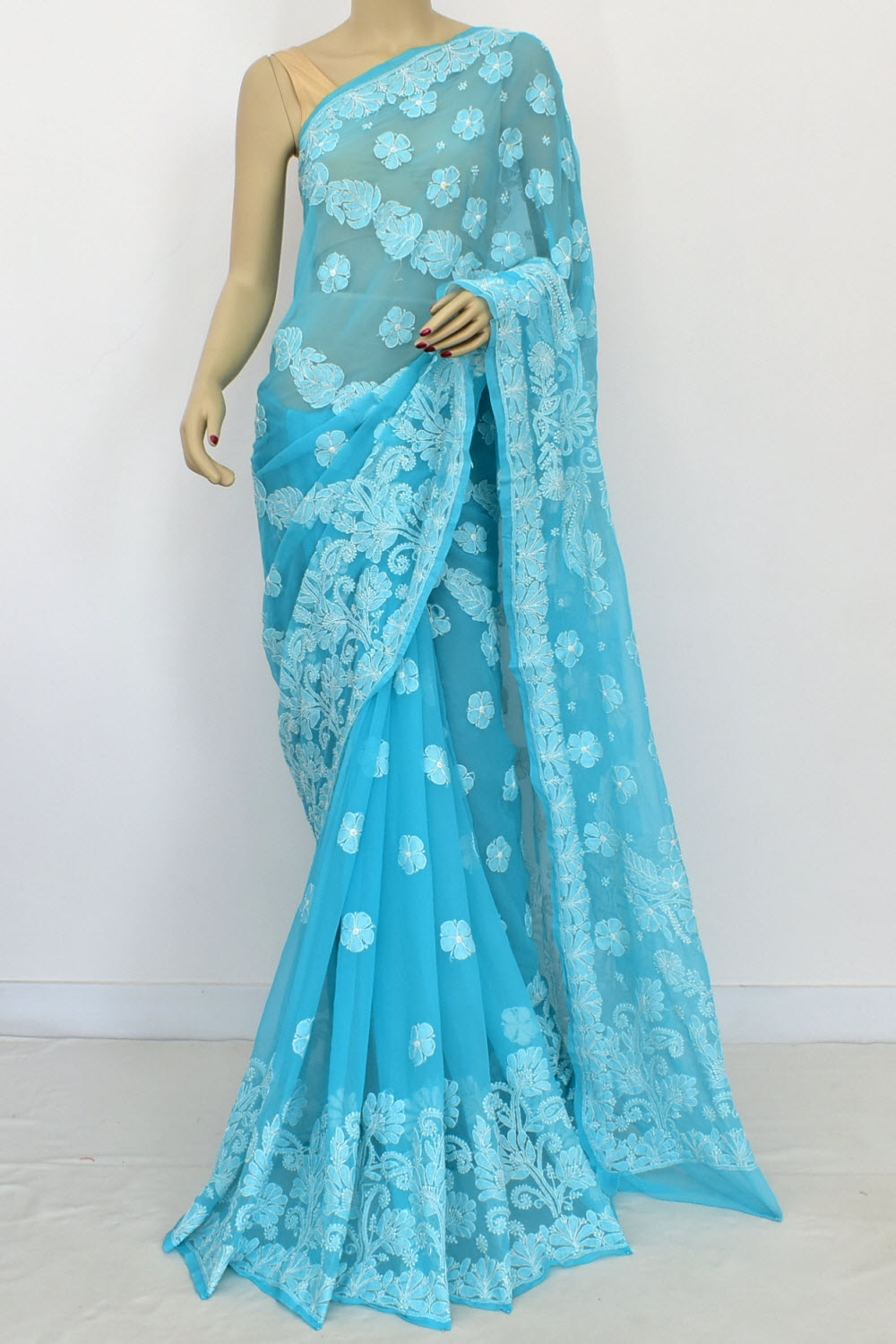 Pherozi Blue Hand-Embroidered Lucknowi Chikankari Georgette Saree with Blouse