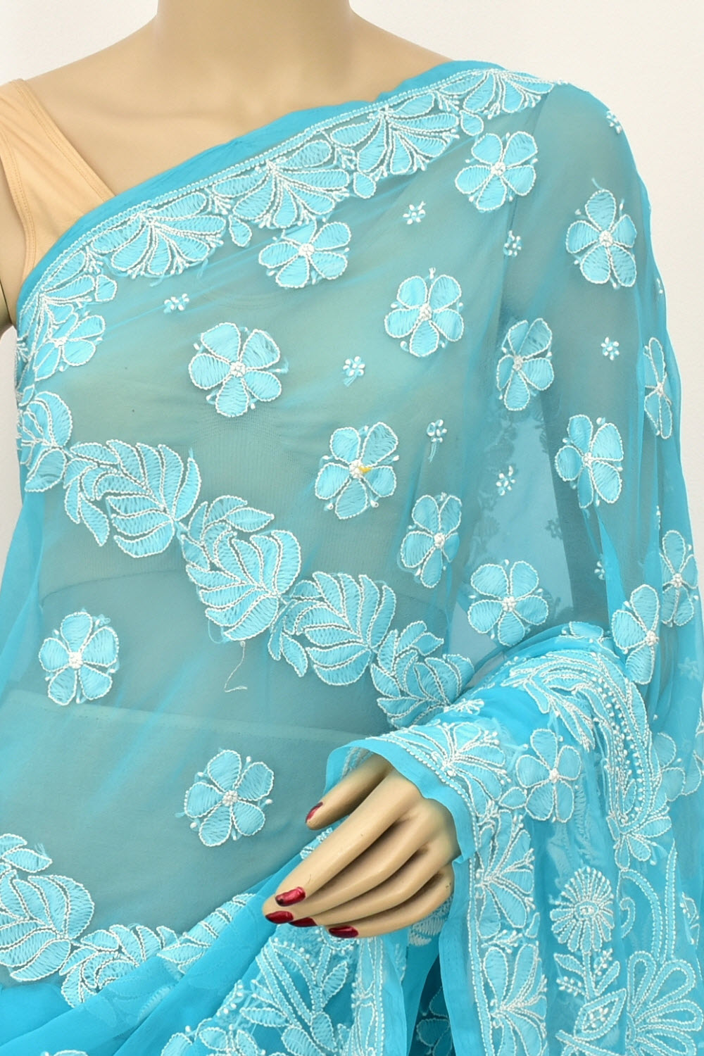 Pherozi Blue Hand-Embroidered Lucknowi Chikankari Georgette Saree with Blouse
