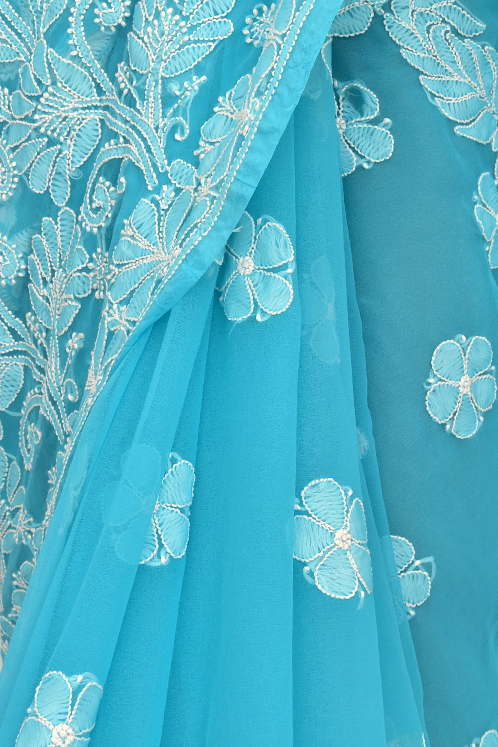 Pherozi Blue Hand-Embroidered Lucknowi Chikankari Georgette Saree with Blouse