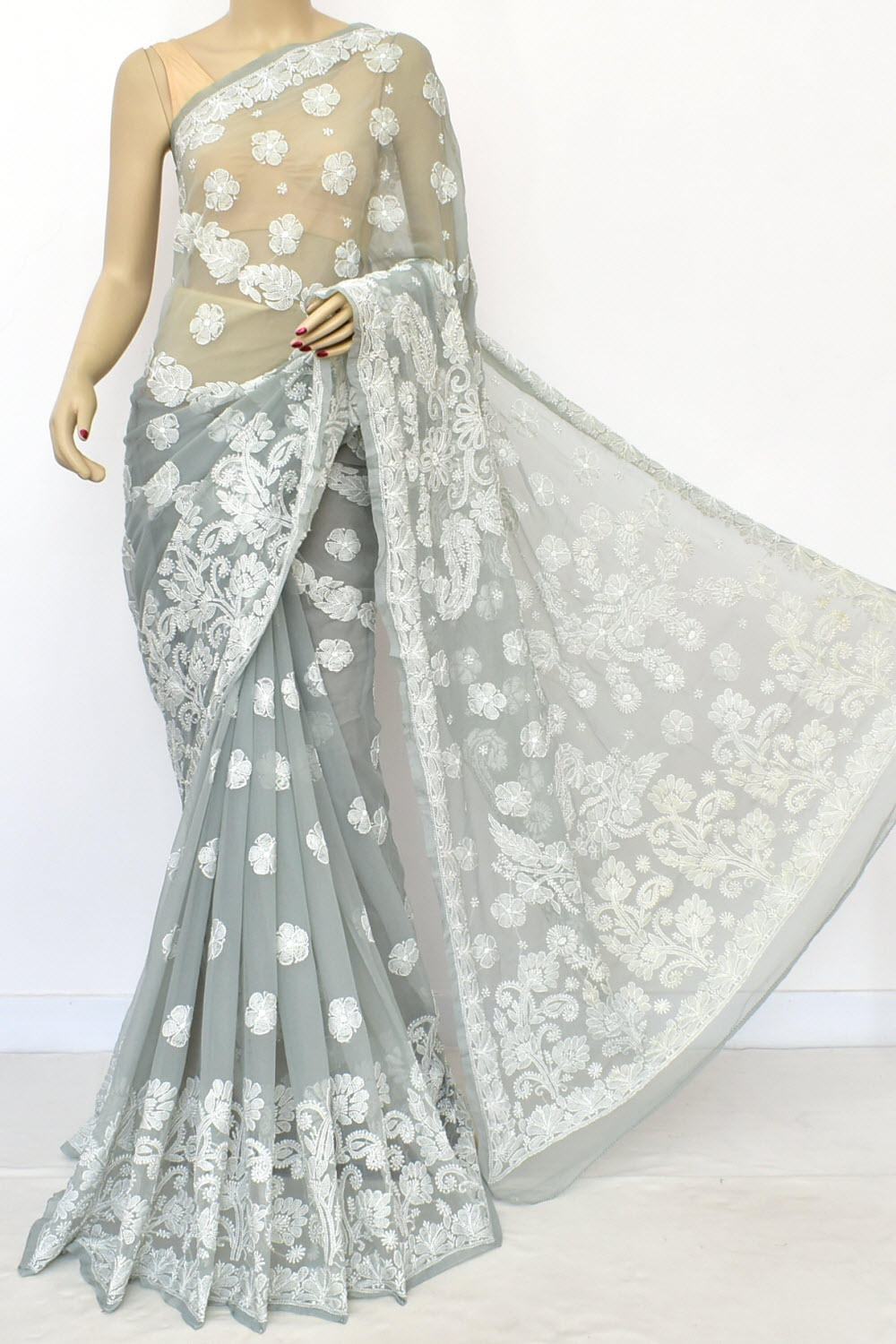 Grey Hand-Embroidered Lucknowi Chikankari Georgette Saree with Blouse
