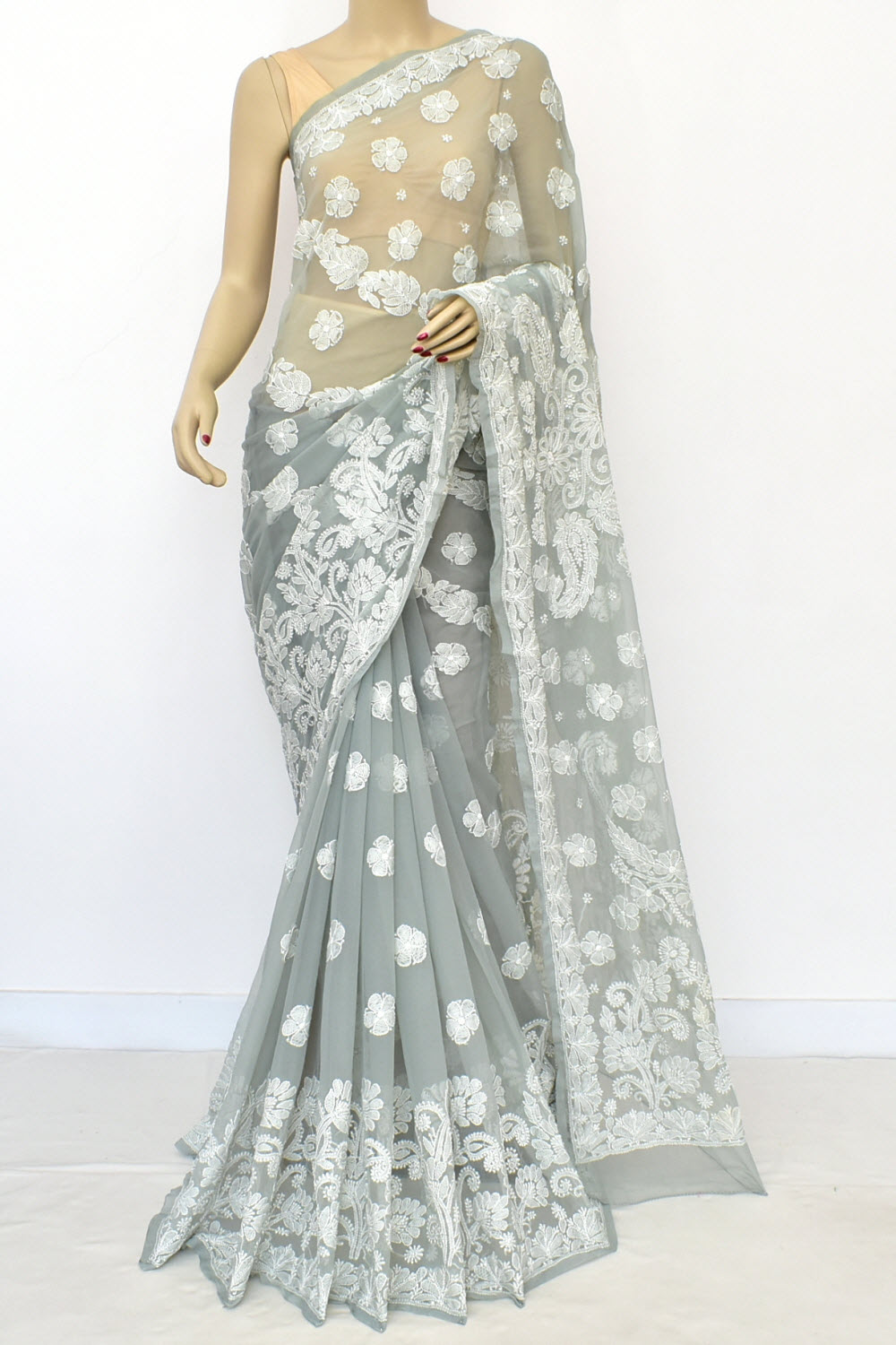 Grey Hand-Embroidered Lucknowi Chikankari Georgette Saree with Blouse
