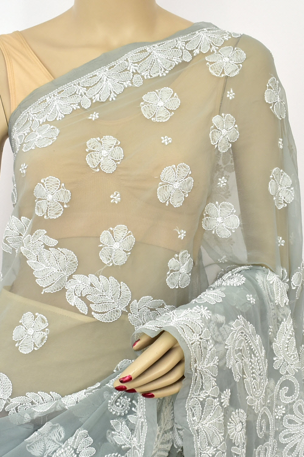 Grey Hand-Embroidered Lucknowi Chikankari Georgette Saree with Blouse