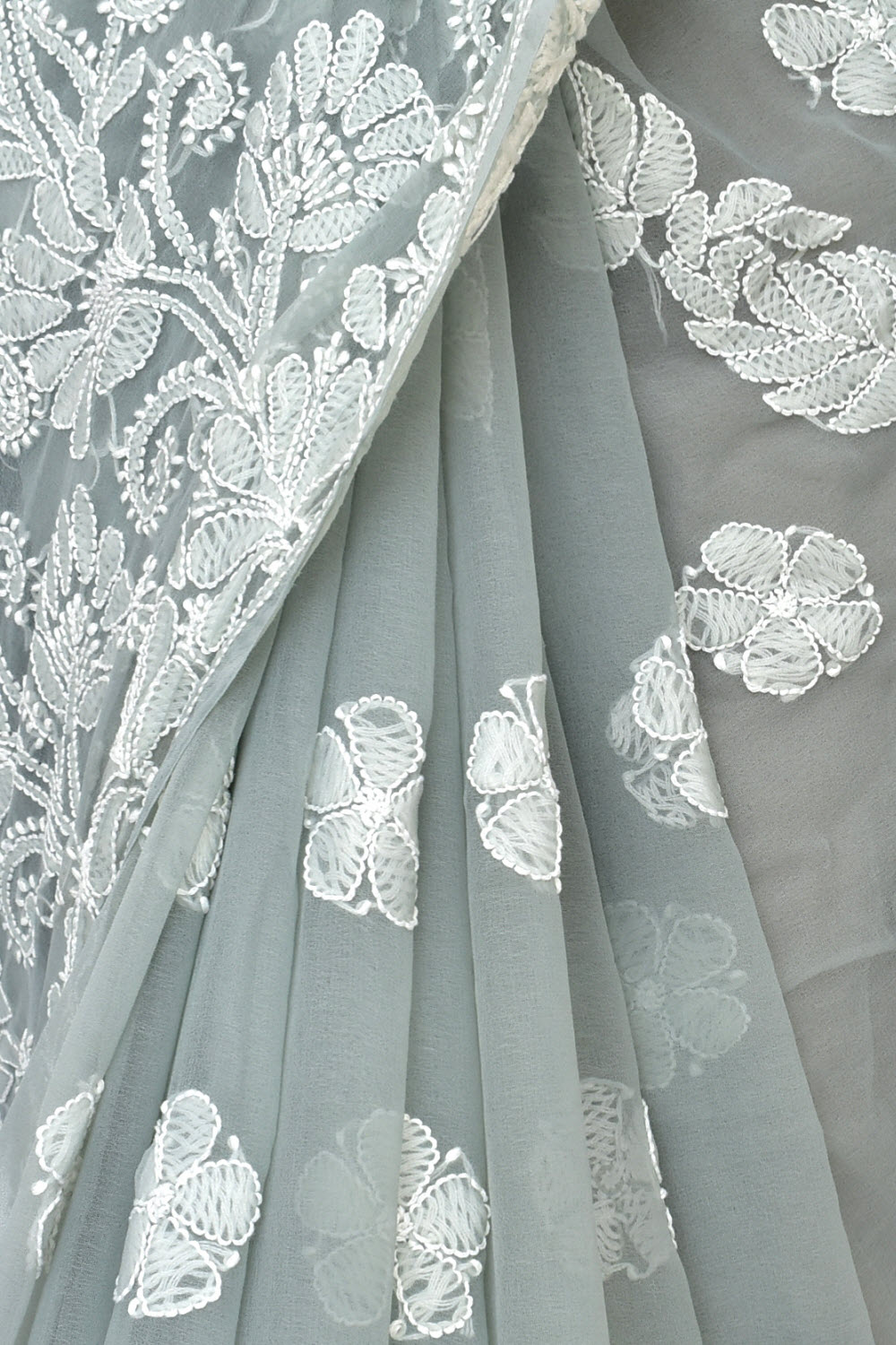 Grey Hand-Embroidered Lucknowi Chikankari Georgette Saree with Blouse