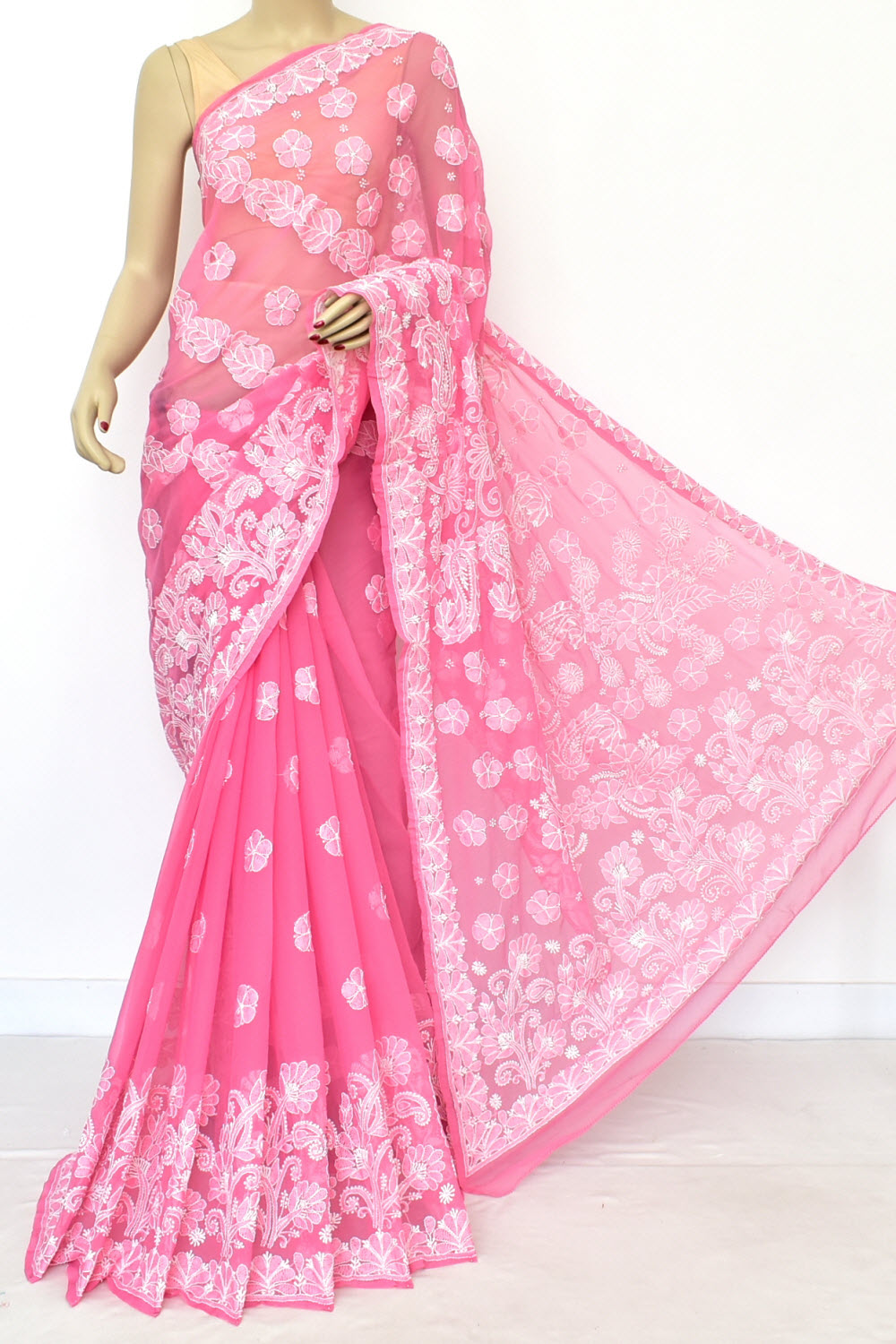 Peach Hand-Embroidered Lucknowi Chikankari Georgette Saree with Blouse