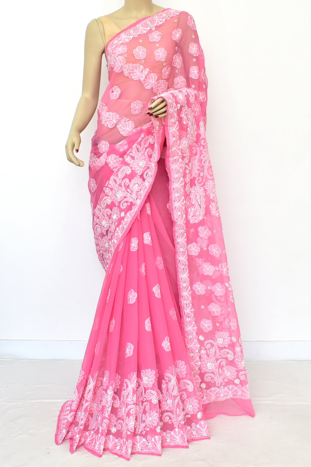Peach Hand-Embroidered Lucknowi Chikankari Georgette Saree with Blouse